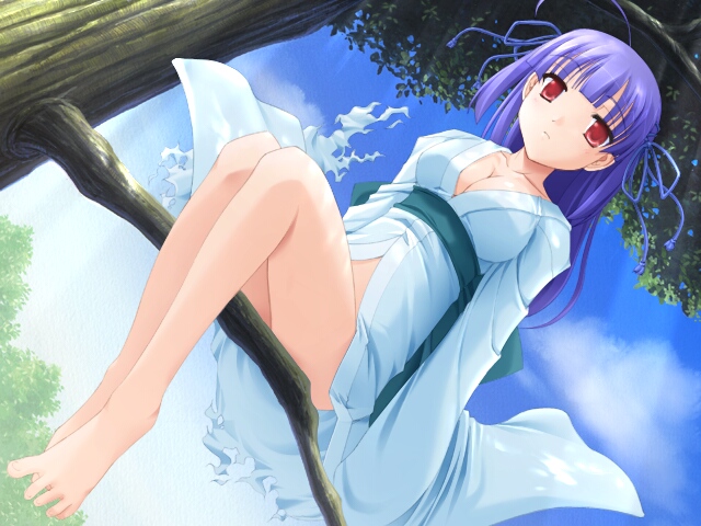 izumi yuujirou, f&c, game cg, 1girl, bad anatomy, bad feet, barefoot, blue hair, breasts, cleavage, feet, female focus, in tree, japanese clothes, kimono, large breasts, long hair, poorly drawn, red eyes, sitting, sitting in tree, solo, torn clothes, tree