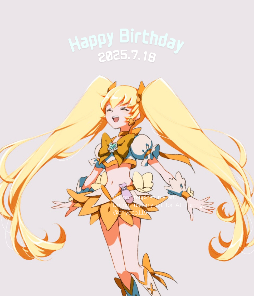 chiyoko (molto), cure sunshine, myoudouin itsuki, heartcatch precure!, precure, commentary request, 1girl, ^ ^, blonde hair, boots, bow, bowtie, brooch, choker, closed eyes, crop top, crop top overhang, dated, earrings, flat chest, hair between eyes, hair ribbon, happy birthday, heart, heart brooch, jewelry, knee boots, long hair, magical girl, midriff, navel, open mouth, orange bow, orange choker, orange skirt, puffy short sleeves, puffy sleeves, ribbon, shirt, short sleeves, sidelocks, simple background, skirt, smile, solo, standing, teeth, twintails, upper teeth only, watermark, white boots, white shirt, wrist cuffs