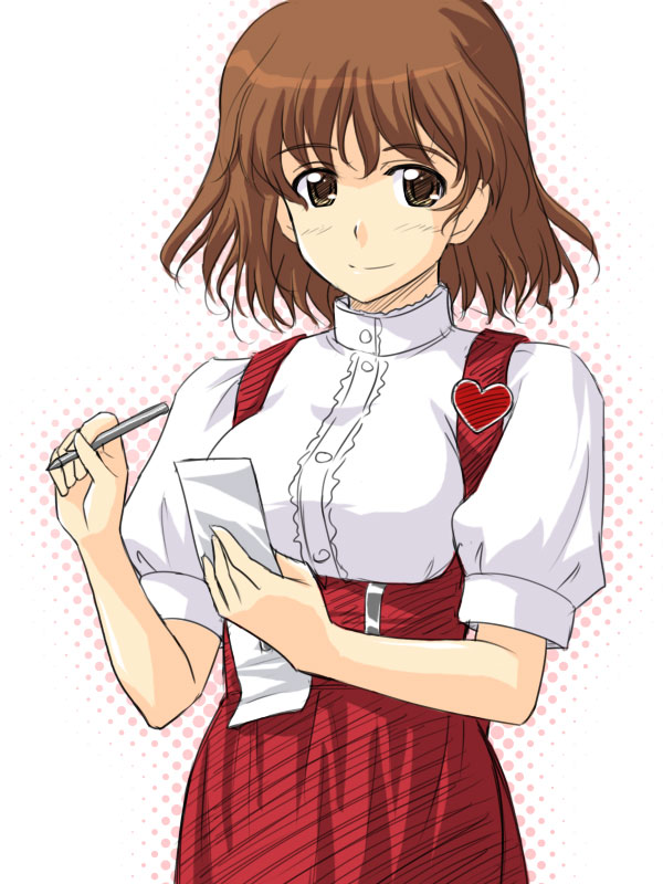 masakichi (crossroad), anna miller, brown eyes, brown hair, pen, short hair, solo, waitress