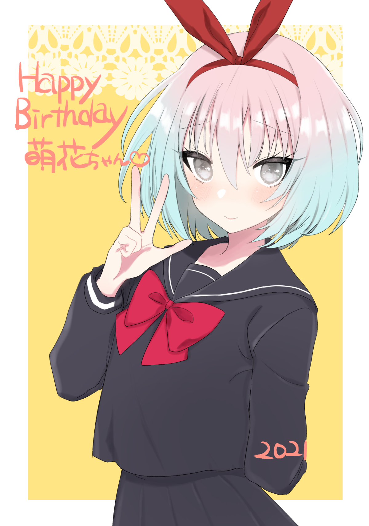 eurasia (wtp09ptw14), original, commentary request, highres, 1girl, 2021, black shirt, black skirt, blue hair, border, bow, closed mouth, cowboy shot, gradient hair, grey eyes, hair between eyes, hair ribbon, hand up, happy birthday, long sleeves, looking at viewer, multicolored hair, outside border, pink hair, red bow, red ribbon, ribbon, shirt, short hair, skirt, smile, solo, w, white border, wispy bangs, yellow background