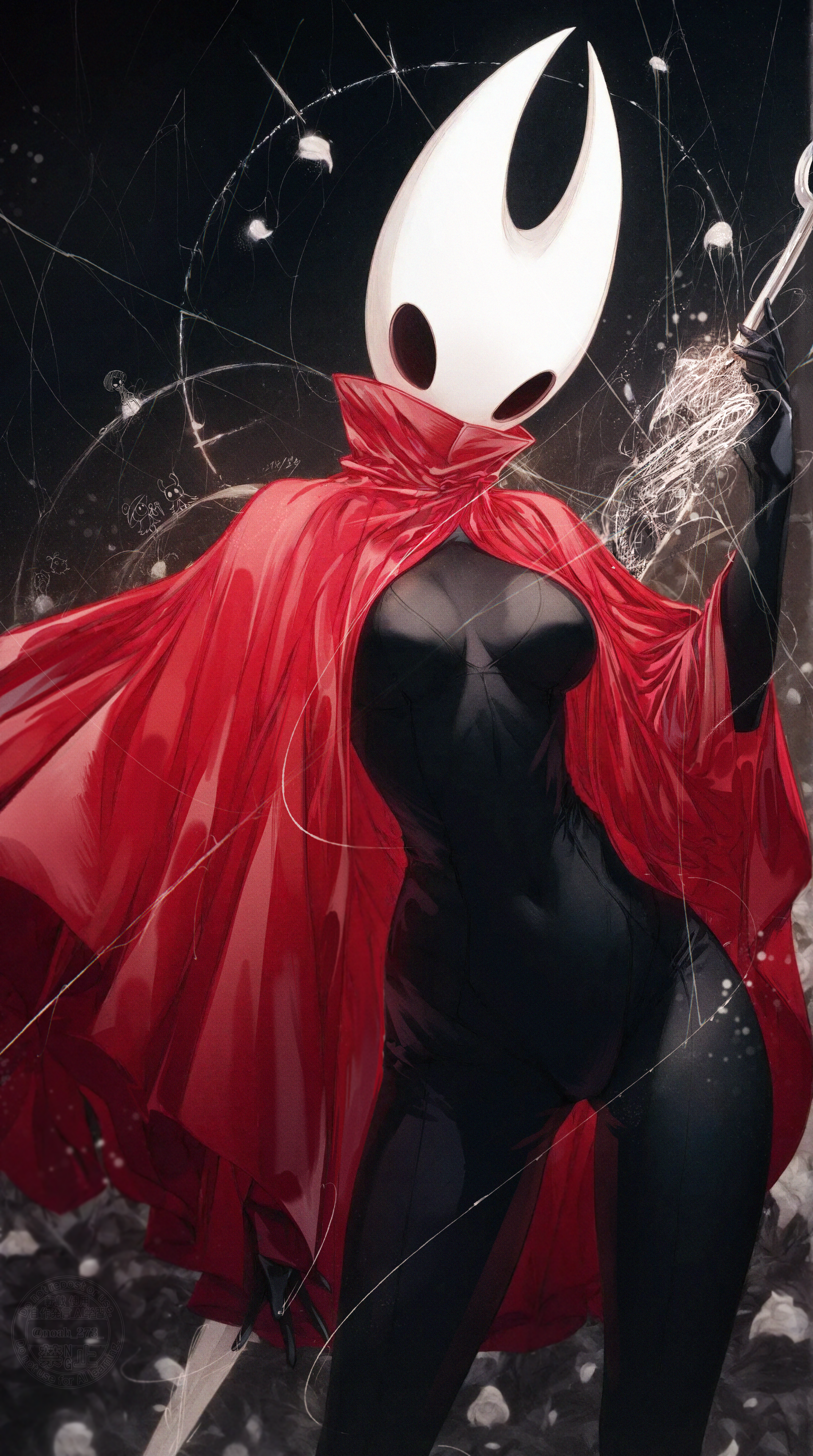 renoahh, hornet (hollow knight), hollow knight, hollow knight: silksong, absurdres, commentary, highres, 1girl, arthropod girl, black background, black bodysuit, bodysuit, breasts, cloak, covered navel, hollow eyes, horned mask, humanization, mask, medium breasts, red cloak, solo, white mask