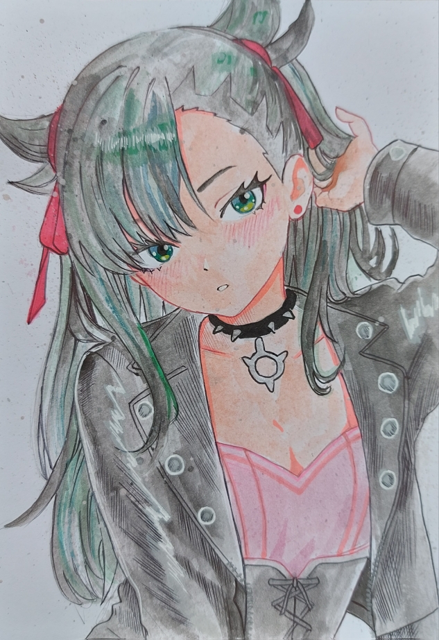 jordan summers, marnie (pokemon), nintendo, pokemon, pokemon swsh, painting (medium), traditional media, watercolor (medium), 1girl, adapted costume, black collar, blush, breasts, cleavage, collar, collarbone, dress, earrings, eyelashes, green eyes, hair ribbon, hand up, jacket, jewelry, long hair, long sleeves, open clothes, open jacket, pink dress, red ribbon, ribbon, solo, upper body