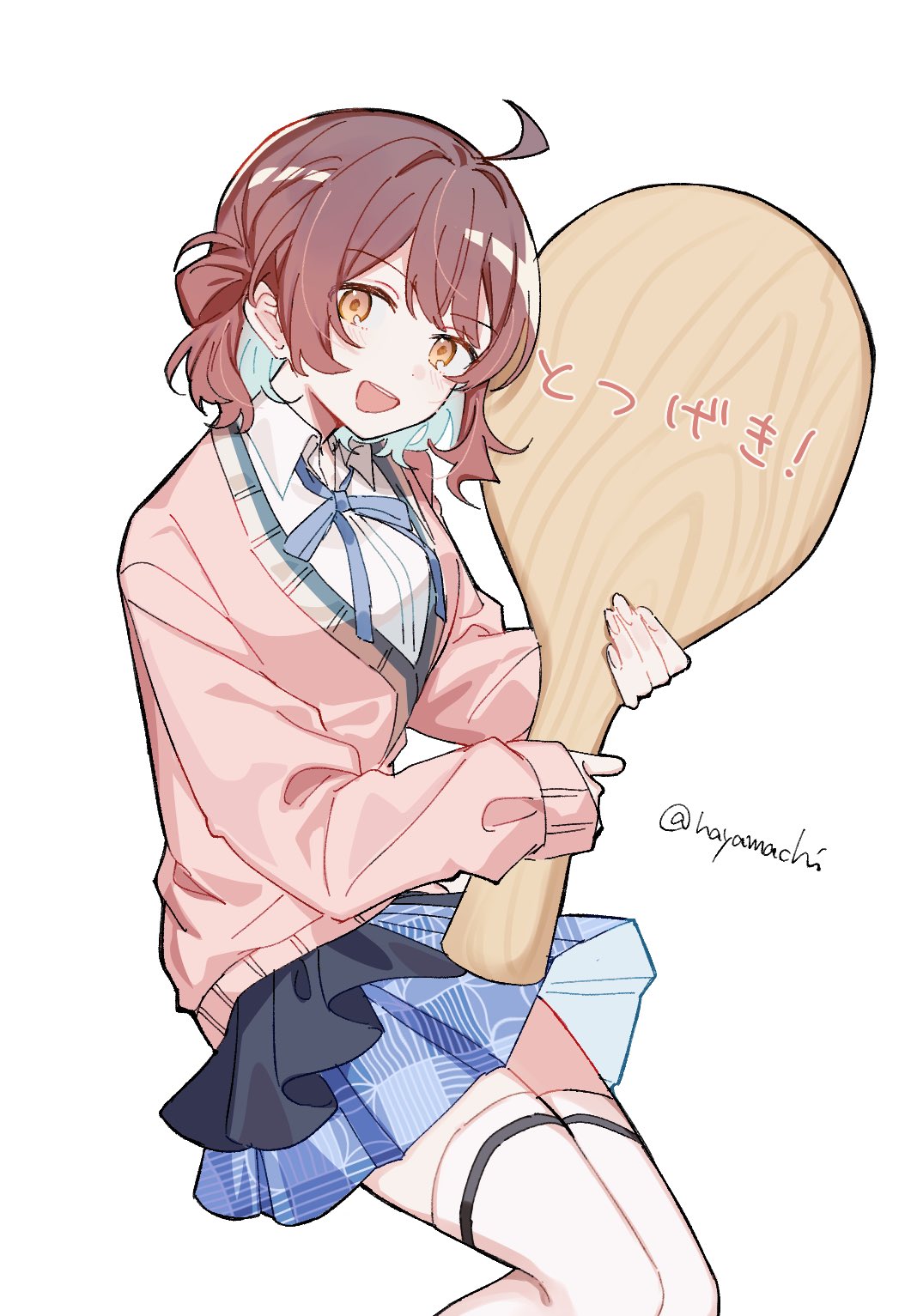 hayamachi, hanami ume, gakuen idolmaster, idolmaster, commentary request, highres, translation request, 1girl, :d, ahoge, black overskirt, blue ribbon, blue skirt, blush, breasts, brown hair, cardigan, coat, colored inner hair, cowboy shot, fingernails, from side, hair rings, hatsuboshi gakuen school uniform, holding, legs together, long sleeves, looking at viewer, medium breasts, medium hair, miniskirt, multicolored hair, neck ribbon, open clothes, open coat, open mouth, orange eyes, pink cardigan, pleated skirt, ribbon, school uniform, shirt, side up ring, simple background, single hair ring, sitting, skirt, sleeves past wrists, smile, solo, thighhighs, twitter username, white background, white shirt, white thighhighs