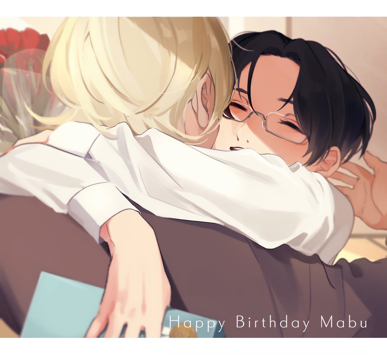 akutsu mabu, niiboshi reo, sarazanmai, commentary request, highres, 2boys, black hair, black shirt, blonde hair, bouquet, character name, closed eyes, flower, gift, glasses, happy birthday, holding, holding bouquet, hug, letterboxed, male focus, multiple boys, open mouth, rectangular eyewear, shaaark rotta03, shirt, short hair, white shirt, yaoi