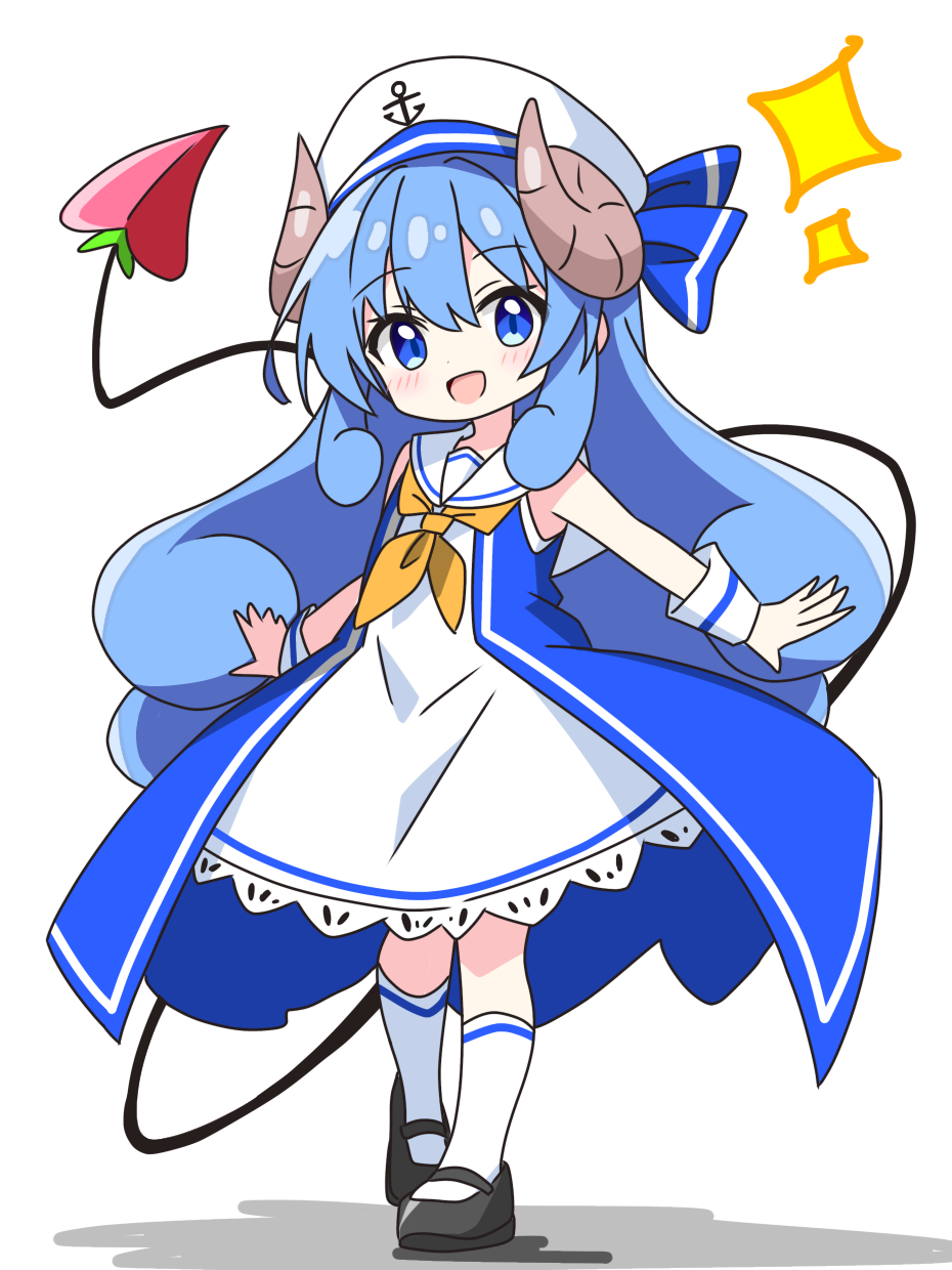 kotatsu-mazoku, lilith (homunculus) (machikado mazoku), lilith (machikado mazoku), machikado mazoku, commentary request, highres, 1girl, :d, alternate eye color, alternate hair color, black shoes, blue dress, blue eyes, blue hair, blue ribbon, blush, brown horns, curled horns, curly hair, demon girl, demon tail, dot nose, dress, full body, hat, hat ribbon, horns, long hair, looking at viewer, mary janes, neckerchief, open mouth, ribbon, sailor collar, sailor dress, shoes, sidelocks, simple background, sleeveless, sleeveless dress, smile, socks, solo, sparkle, standing, tail, white background, white hat, white sailor collar, white socks, wrist cuffs, yellow neckerchief