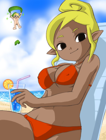 suegorou (mousou tokkyuu), link, tetra, toon link, nintendo, the legend of zelda, the legend of zelda: the wind waker, lowres, 1boy, 1girl, beach, bikini, black eyes, blonde hair, breasts, cleavage, dark skin, day, glass, nude, ocean, pointy ears, solo focus, swimsuit, tan, wardrobe malfunction