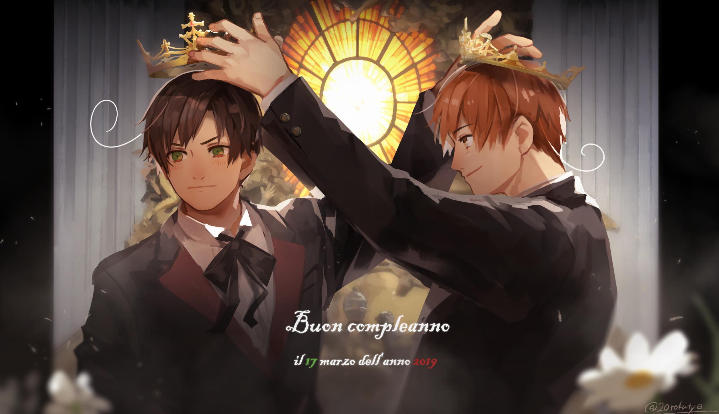 nijuurokucha, northern italy (hetalia), southern italy (hetalia), axis powers hetalia, highres, 2019, 2boys, ahoge, arm up, black bow, black bowtie, black jacket, blurry, blurry foreground, bow, bowtie, brothers, brown hair, closed mouth, collared shirt, crown, curtains, flower, formal clothes, green eyes, holding, holding crown, indoors, italian text, jacket, lapels, long sleeves, looking afar, looking at another, male focus, multiple boys, orange hair, shirt, short hair, siblings, smile, twins, upper body, v-shaped eyebrows, white flower, white shirt, yellow eyes