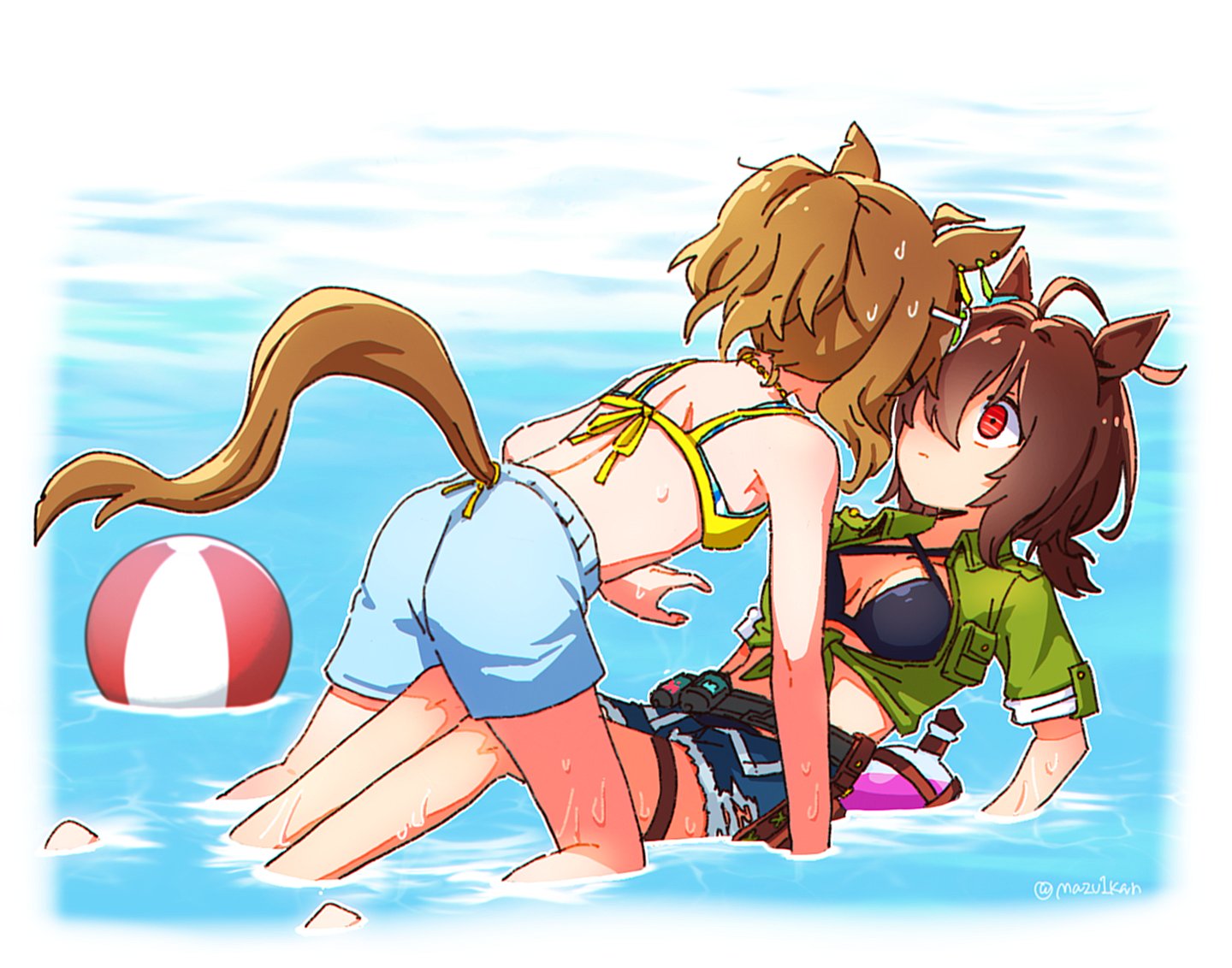 mazu1kan, agnes tachyon (lunatic lab) (umamusume), agnes tachyon (umamusume), jungle pocket (tobasuze hot summer!) (umamusume), jungle pocket (umamusume), umamusume, 2girls, ahoge, animal ears, back, ball, beachball, bikini, black bikini, blue bikini, blue shorts, blue swim trunks, breasts, brown hair, criss-cross halter, denim, denim shorts, ear ornament, face-to-face, flask, green jacket, halterneck, horse ears, horse girl, horse tail, huge ahoge, jacket, layered bikini, medium breasts, medium hair, multiple girls, notched ear, ponytail, red eyes, short ponytail, short shorts, shorts, swimsuit, tail, tied jacket, water, wet, yellow bikini, yukadon, yuri