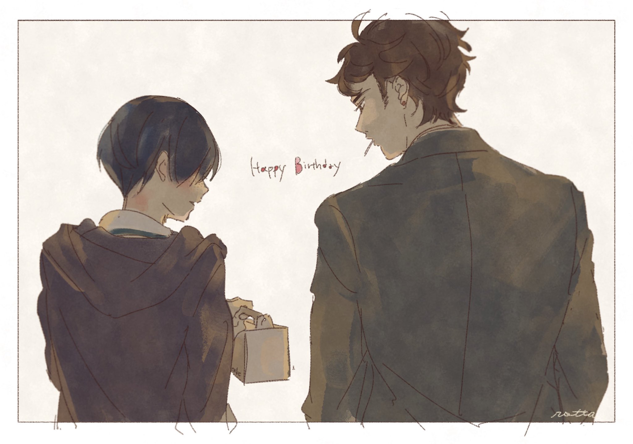 kuji chikai, kuji toi, sarazanmai, commentary request, highres, 2boys, black hair, border, brothers, earrings, facing away, giving, happy birthday, jacket, jewelry, lollipop in mouth, looking at another, male focus, multiple boys, parted lips, shaaark rotta03, short hair, siblings, sideburns, white border