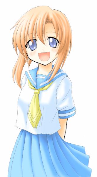 raika haruna, ryuuguu rena, higurashi no naku koro ni, 00s, 1girl, blue eyes, female focus, orange hair, school uniform, serafuku, simple background, solo, standing, white background