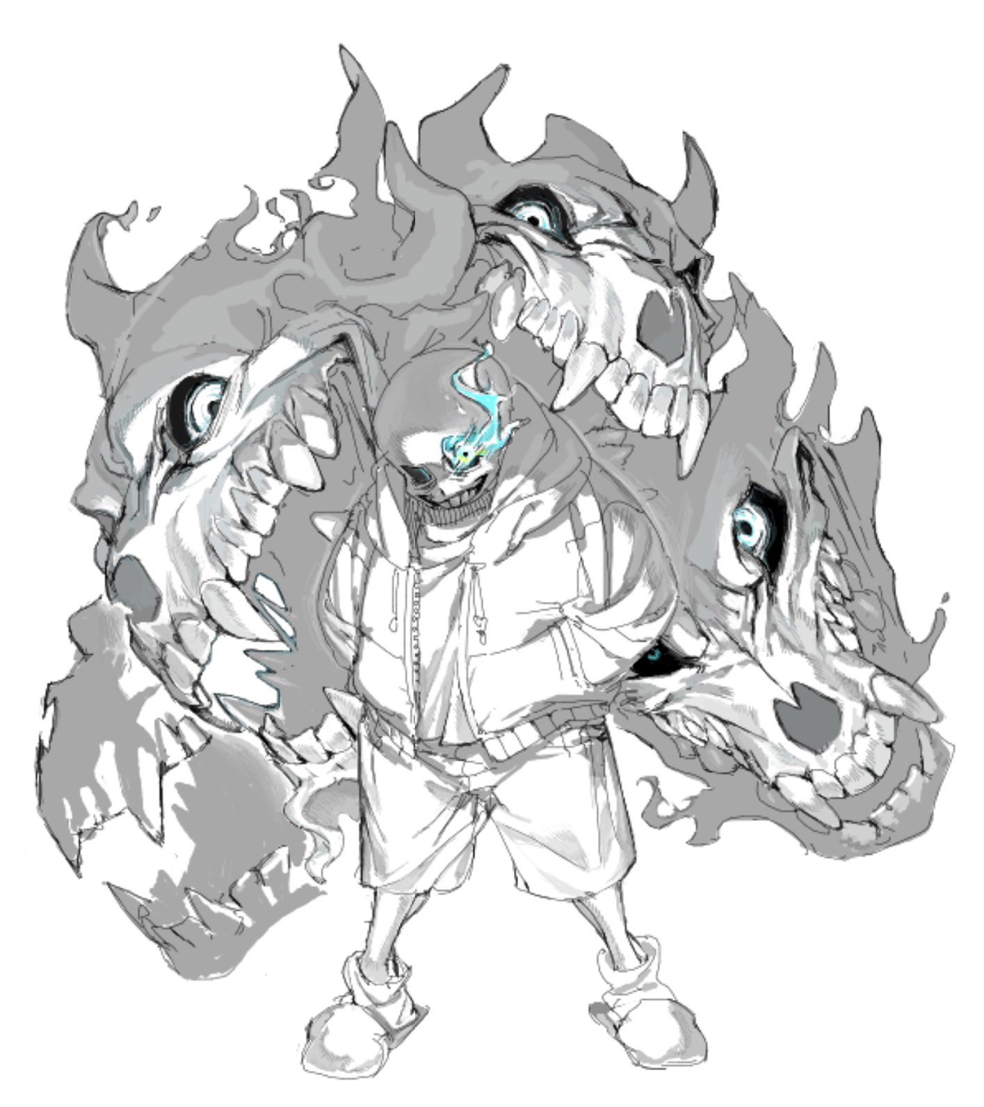 sans (undertale), undertale, utdr (toby fox), highres, 1boy, blue eyes, eye trail, full body, gasterblaster, glowing, glowing eye, hood, hood down, hoodie, light trail, limited palette, male focus, skeleton, slippers, solo, standing, xiaolongbao (rgqbarmewi35887)