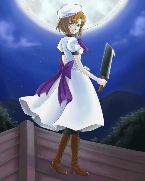 otuyudeta, ryuuguu rena, higurashi no naku koro ni, bad id, bad pixiv id, 00s, 1girl, beret, billhook, blue eyes, cleaver, dress, female focus, full body, hashitsuki nata, hat, hatchet, moon, nata (tool), nature, orange hair, outdoors, sky, solo, thighhighs