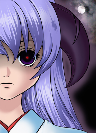 poyoyon chihiro, hanyuu, higurashi no naku koro ni, 00s, 1girl, female focus, glowing, glowing eyes, horns, long hair, moon, purple eyes, purple hair, solo