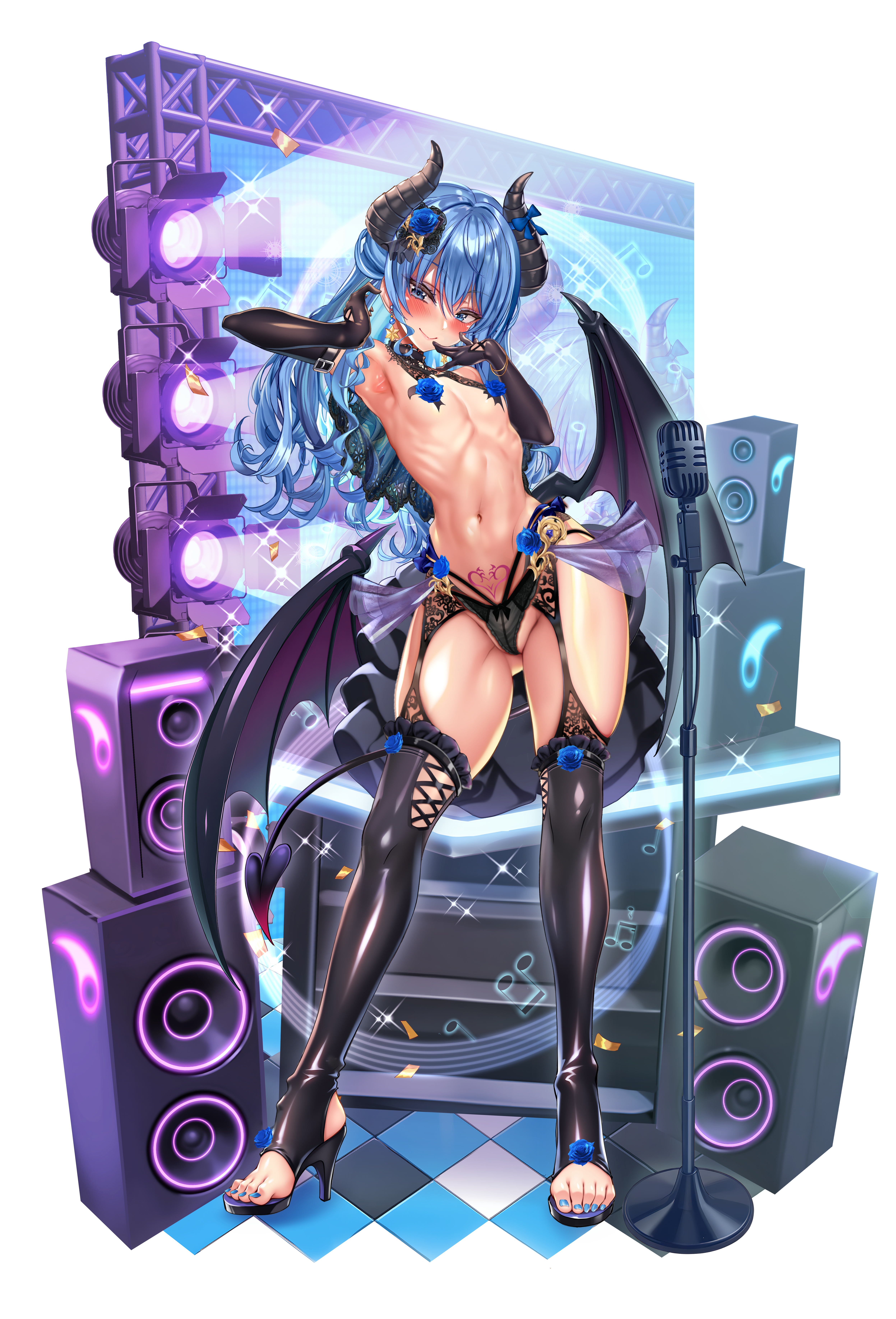 jagoo, hoshimachi suisei, hololive, absurdres, highres, 1girl, armpits, bare shoulders, blue eyes, blue flower, blue hair, blue nails, blue rose, blush, breasts, concert, covered erect nipples, demon horns, demon tail, demon wings, feet, flat chest, flower, gloves, high heels, horns, latex, latex gloves, latex thighhighs, lightning, long hair, microphone, midriff, musical note, nail polish, navel, nipple slip, nipples, panties, pantyhose, pubic tattoo, revealing clothes, rose, small breasts, stage, stereo, tail, tattoo, thighhighs, underwear, virtual youtuber, wings