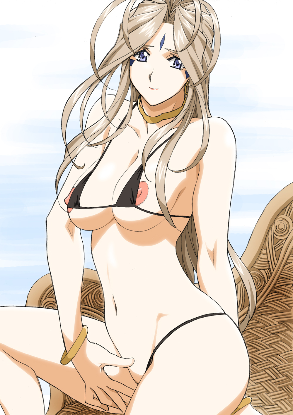 joy division, belldandy, aa megami-sama, highres, 1girl, bikini, black bikini, blue eyes, bracelet, breasts, brown hair, earrings, facial mark, female focus, forehead mark, jewelry, large breasts, long hair, looking at viewer, micro bikini, nipple slip, nipples, panties, panty pull, smile, solo, swimsuit, underwear
