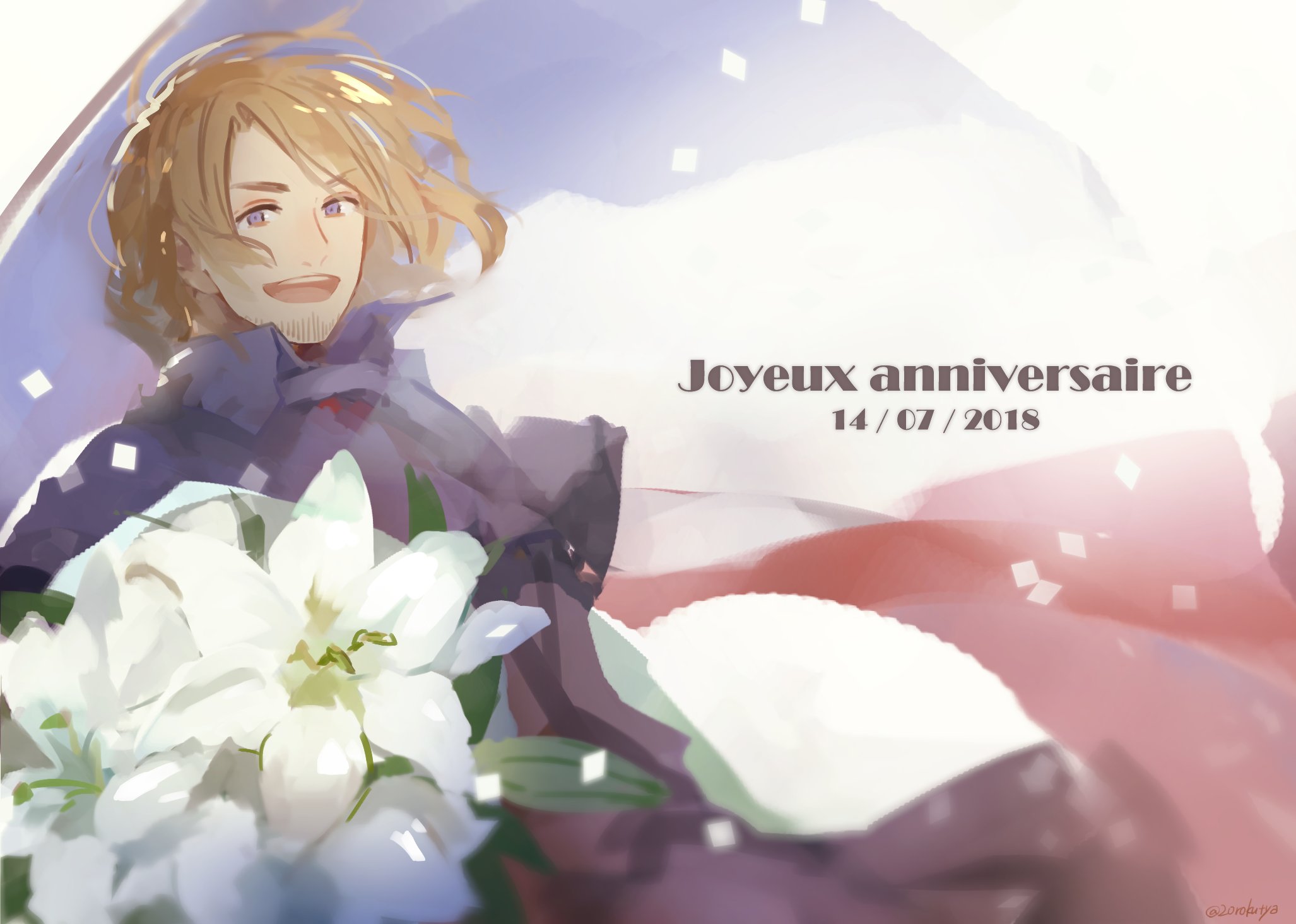 nijuurokucha, france (hetalia), axis powers hetalia, highres, 1boy, blonde hair, bouquet, capelet, collared capelet, confetti, dated, facial hair, floating clothes, floating hair, flower, french flag, french text, holding, holding bouquet, jacket, leaf, long sleeves, looking at viewer, male focus, military jacket, military uniform, open mouth, petals, purple capelet, purple eyes, purple jacket, short hair, simple background, smile, solo, teeth, tongue, v-shaped eyebrows, white background, white flower