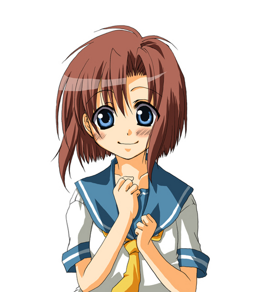 yuuna katsumi, ryuuguu rena, higurashi no naku koro ni, resized, blue eyes, blush, brown hair, pixiv thumbnail, school uniform, serafuku, short hair, smile