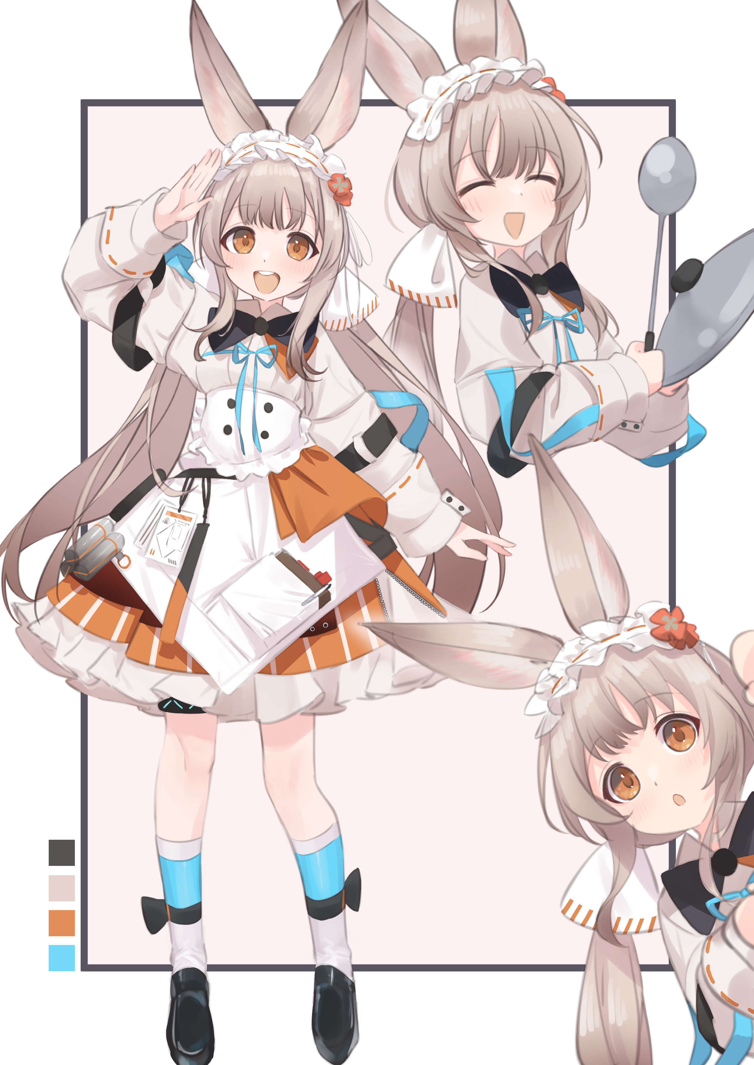 yakurope-moko, warmy (arknights), arknights, absurdres, commentary, highres, 1girl, :d, animal ears, black bow, black shoes, blunt ends, bow, closed eyes, dress, grey hair, holding, holding ladle, kneehighs, ladle, long hair, long sleeves, maid headdress, multiple views, open mouth, orange eyes, rabbit ears, rabbit girl, shoes, smile, socks, teeth, twintails, upper teeth only, very long hair