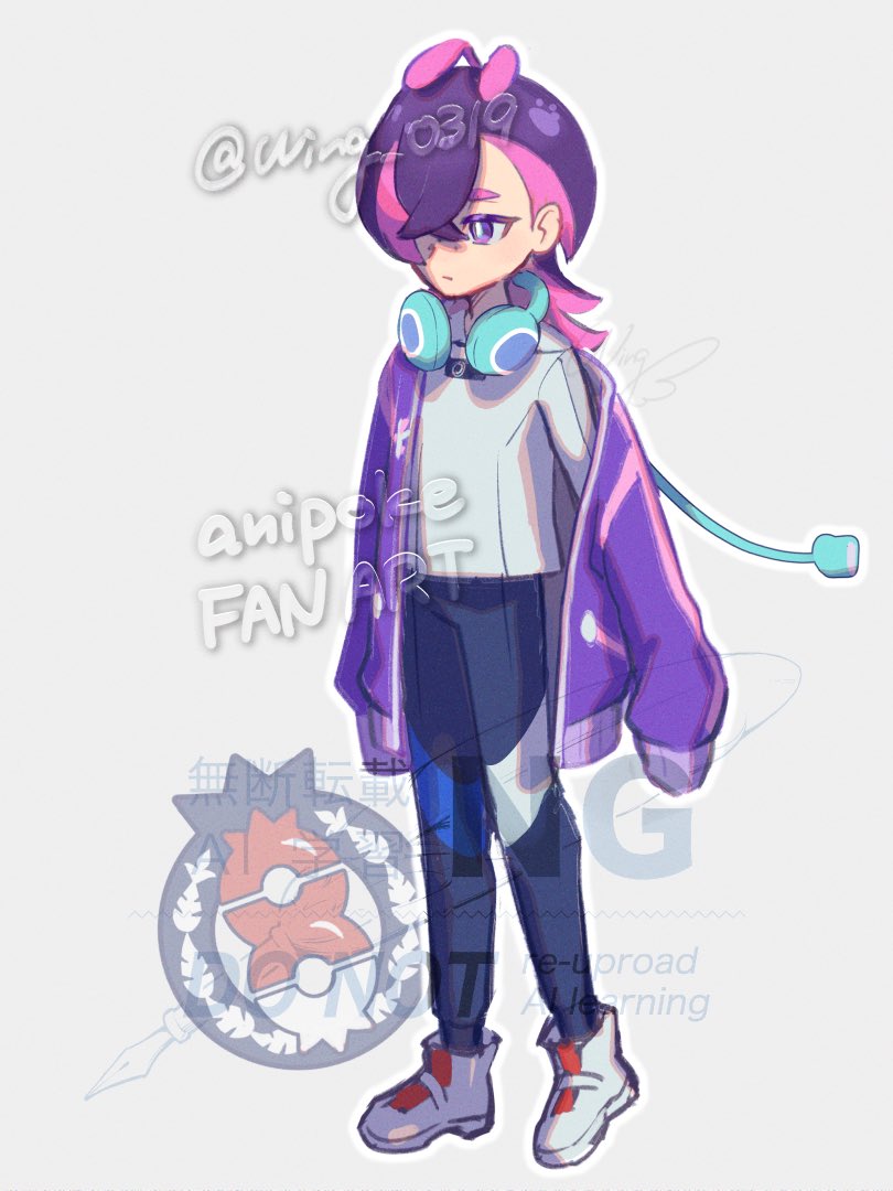 wing (wing 0319), dot (pokemon), nintendo, pokemon, pokemon (anime), pokemon horizons, commentary request, 1girl, antenna hair, bright pupils, closed mouth, full body, hair over one eye, headphones, jacket, long hair, long sleeves, multicolored hair, open clothes, open jacket, pants, purple eyes, purple hair, purple jacket, shirt, shoes, single off shoulder, sleeves past fingers, sleeves past wrists, solo, standing, twitter username, two-tone hair, watermark, white pupils, white shirt