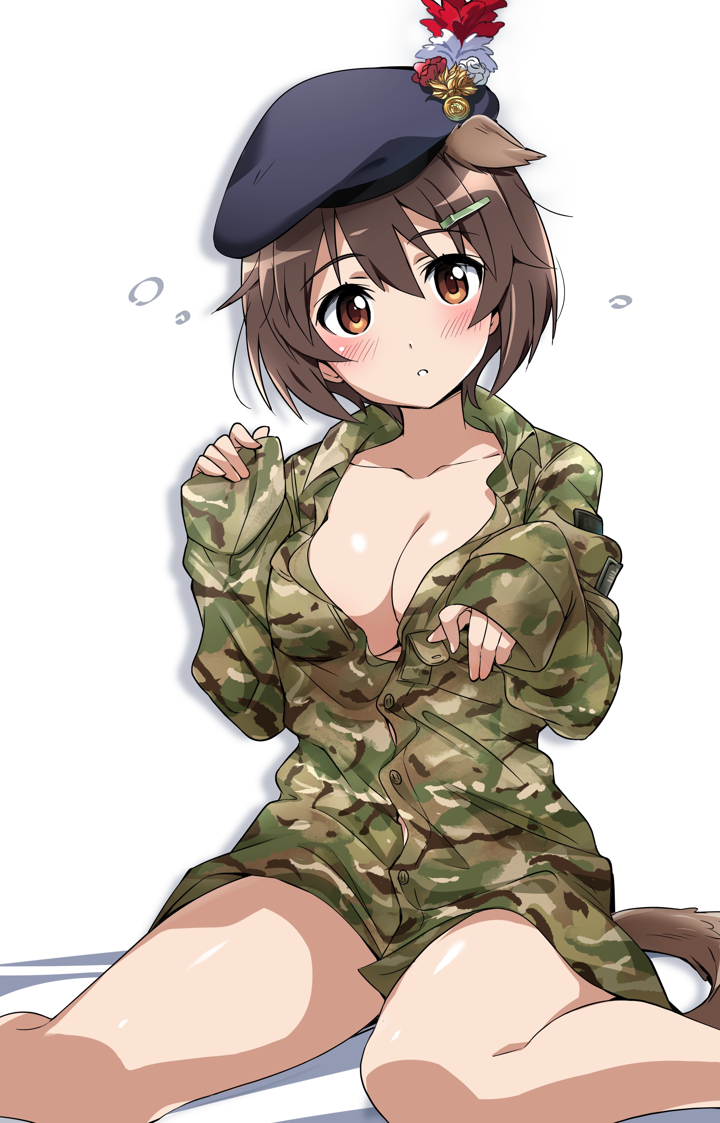 tokiani, karibuchi hikari, brave witches, world witches series, absurdres, highres, 1girl, :o, alternate breast size (larger), animal ears, blush, breasts, brown eyes, brown hair, feet out of frame, hat, jacket, large breasts, looking at viewer, military, military hat, military jacket, military uniform, no pants, short hair, simple background, sitting, solo, squirrel ears, squirrel girl, squirrel tail, tail, white background