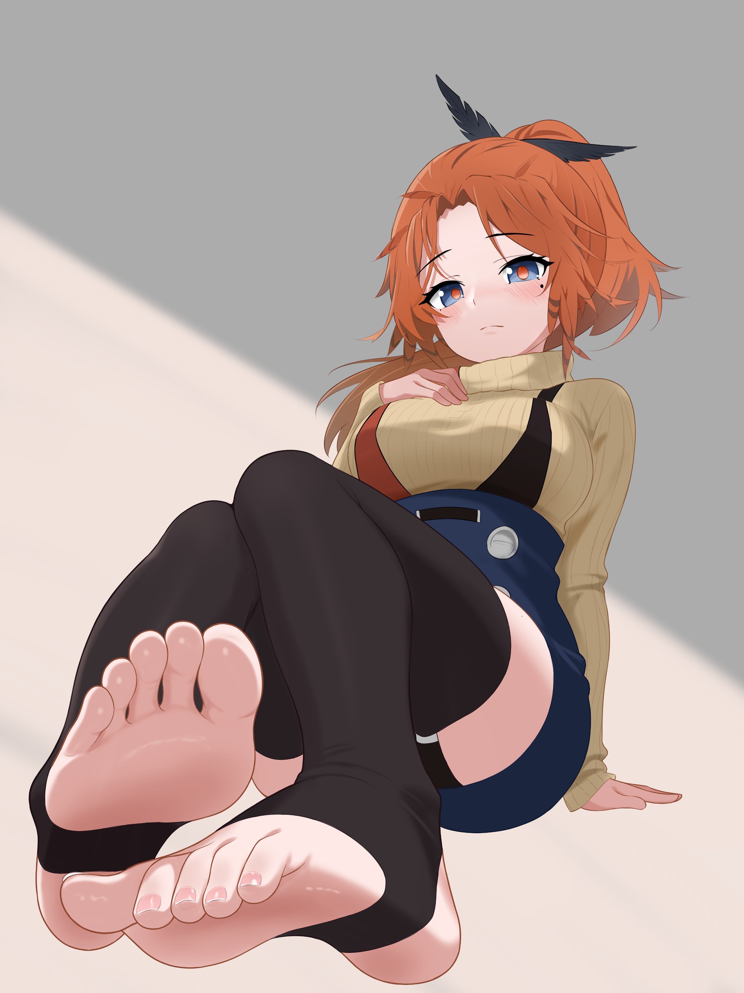 llewellyn blue, pinecone (arknights), arknights, absurdres, commentary, commentary request, english commentary, highres, mixed-language commentary, 1girl, aran sweater, bird girl, black thighhighs, blue eyes, blue skirt, blush, breasts, cable knit, feather hair, feather hair ornament, feathers, feet, foot focus, garter straps, hair ornament, hand on own chest, long hair, long sleeves, looking at viewer, medium breasts, mole, mole under eye, orange hair, orange pupils, ponytail, skirt, sleeves past wrists, soles, solo, stirrup legwear, suspender skirt, suspenders, sweater, thighhighs, toeless legwear, toenails, toes, turtleneck, turtleneck sweater, yellow sweater