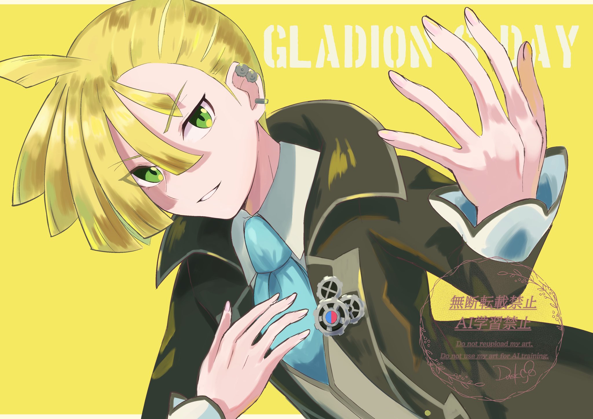 dusk poke27, gladion (pokemon), gladion (sygna suit) (pokemon), nintendo, pokemon, pokemon masters ex, commentary request, highres, 1boy, ahoge, blonde hair, character name, coat, collared shirt, ear piercing, green eyes, grin, hands up, happy, long sleeves, looking at viewer, male focus, necktie, official alternate costume, open clothes, open coat, piercing, shirt, short hair, smile, solo, teeth, vest, watermark