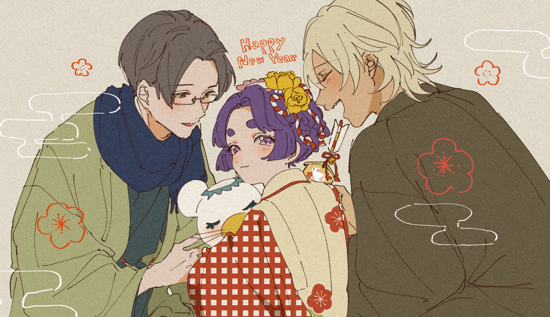 akutsu mabu, azuma sara, keppi, niiboshi reo, sarazanmai, commentary request, highres, 1girl, 2boys, arrow (projectile), blonde hair, blue scarf, brown hair, egasumi, flower, happy new year, holding, japanese clothes, looking at another, multiple boys, new year, open mouth, plum blossom print, plum blossoms, purple hair, rectangular eyewear, scarf, shaaark rotta03, sharp teeth, short hair, smile, teeth, thick eyebrows