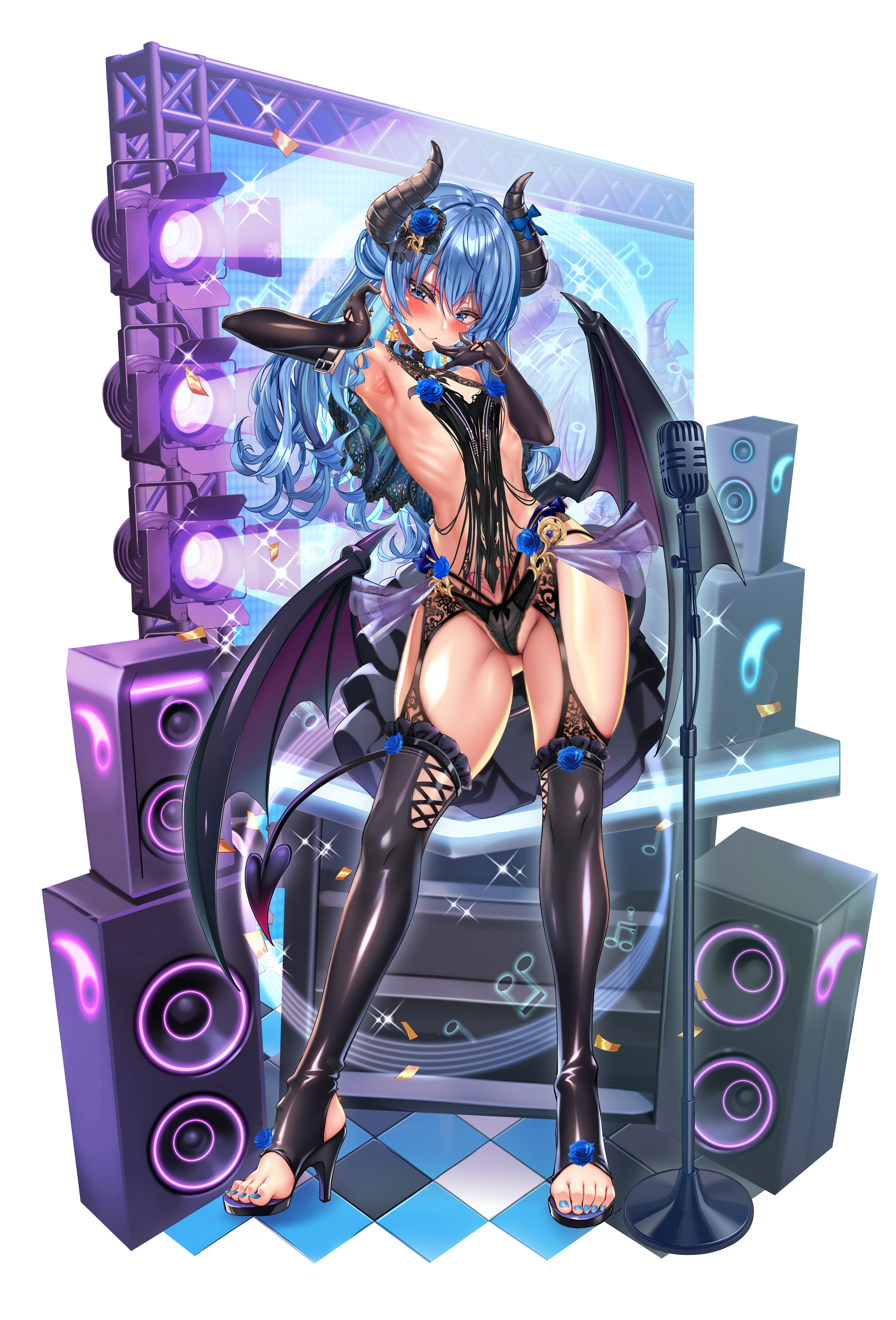 jagoo, hoshimachi suisei, hololive, absurdres, highres, 1girl, armpits, bare should, bare shoulders, blue eyes, blue flower, blue hair, blue nails, blue rose, blush, breasts, concert, covered erect nipples, covered navel, demon horns, demon tail, demon wings, feet, flat chest, flower, gloves, grin, high heels, horns, latex, latex gloves, latex thighhighs, lightning, long hair, microphone, midriff, musical note, nail polish, navel, nipple slip, nipples, panties, pantyhose, pubic tattoo, revealing clothes, rose, small breasts, smile, stage, stereo, tail, tattoo, thighhighs, underwear, virtual youtuber, wings