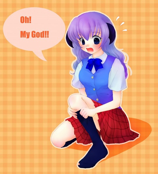 uta (semimaru), hanyuu, higurashi no naku koro ni, english, resized, 1girl, blue eyes, flying sweatdrops, horns, long hair, open mouth, pixiv thumbnail, purple hair, skirt, solo