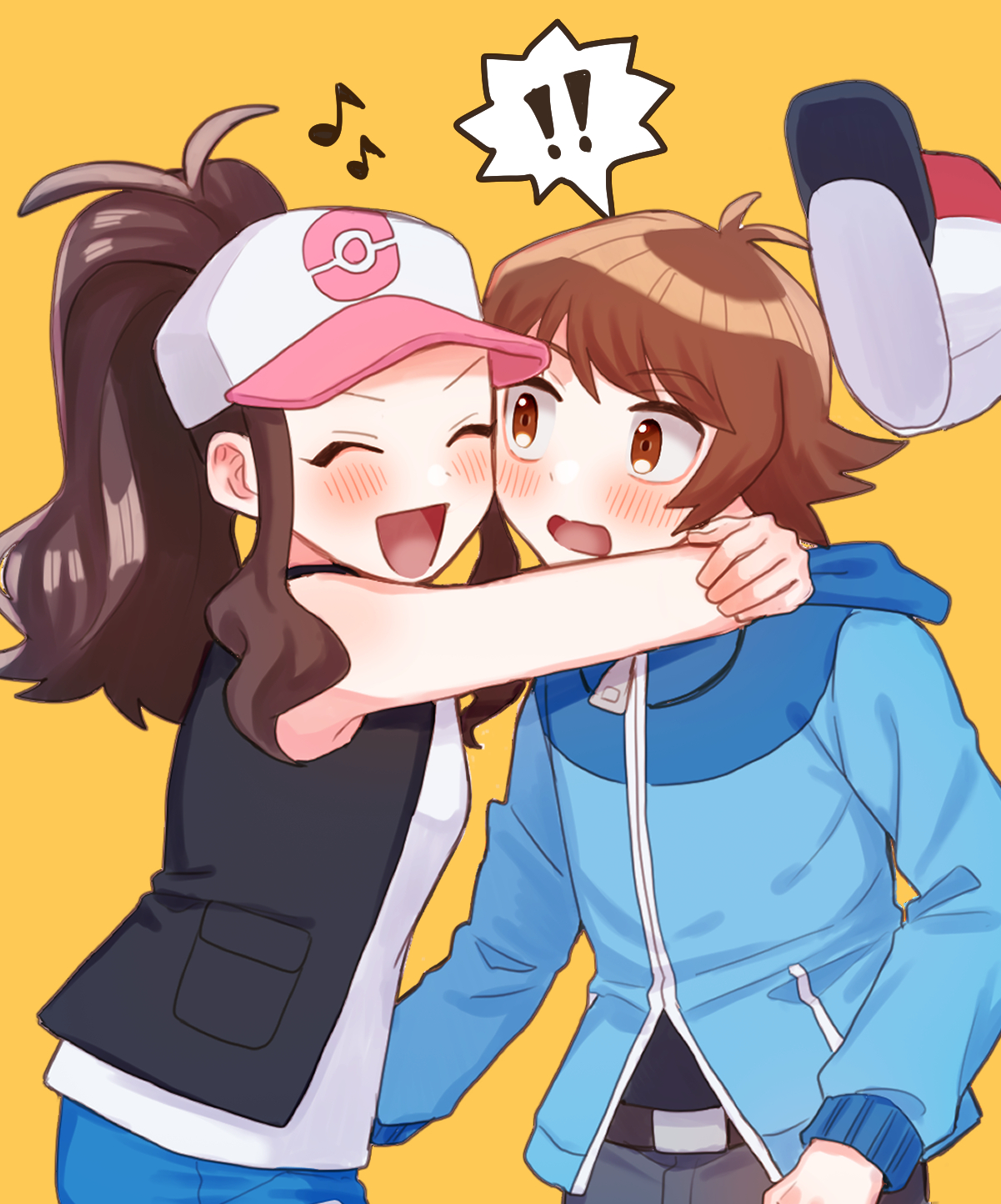 mochi (mocchi p 2m), hilbert (pokemon), hilda (pokemon), nintendo, pokemon, pokemon bw, commentary request, highres, 1boy, 1girl, :d, belt, belt buckle, black vest, blue jacket, blue shorts, blush, brown eyes, brown hair, buckle, closed eyes, hat, hood, hood down, hooded jacket, hug, jacket, long hair, musical note, open clothes, open mouth, open vest, pants, shirt, shorts, sidelocks, sleeveless, sleeveless shirt, smile, tongue, vest, white hat, white shirt, yellow background