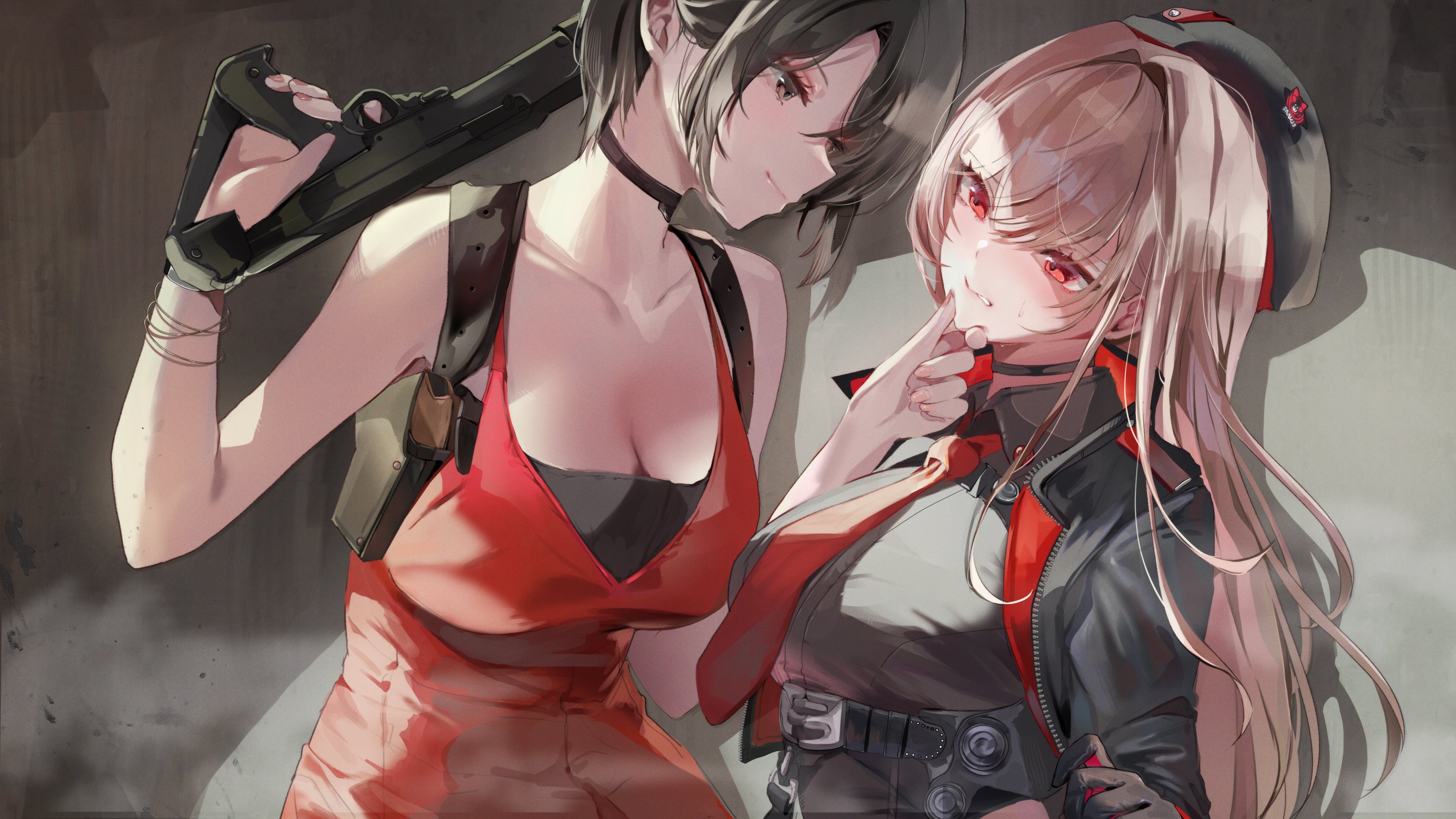 dolechan, ada wong, rapi (nikke), goddess of victory: nikke, resident evil, absurdres, commentary request, highres, 2girls, bare shoulders, beret, black choker, black gloves, black hair, black hat, black jacket, black shirt, bracelet, breasts, brown eyes, brown hair, choker, cleavage, collarbone, crossover, dress, finger on trigger, gloves, gun, hair between eyes, hand on another's chin, handgun, harness, hat, holding, holding gun, holding weapon, holster, jacket, jewelry, large breasts, long hair, looking at another, multiple girls, necktie, open clothes, open jacket, parted bangs, parted lips, red dress, red gloves, red necktie, shadow, shirt, short hair, shoulder holster, sidelocks, smile, standing, sweat, two-tone gloves, underbust, upper body, weapon
