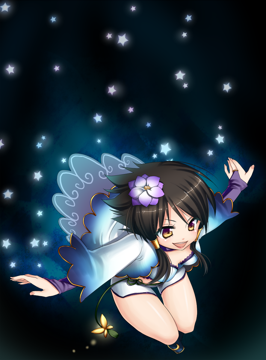 asuka226, chai xianghua, namco, soul calibur, soulcalibur, soulcalibur iv, bad id, bad pixiv id, highres, 1girl, brown hair, female focus, flower, short hair, shorts, smile, solo, star (symbol), yellow eyes