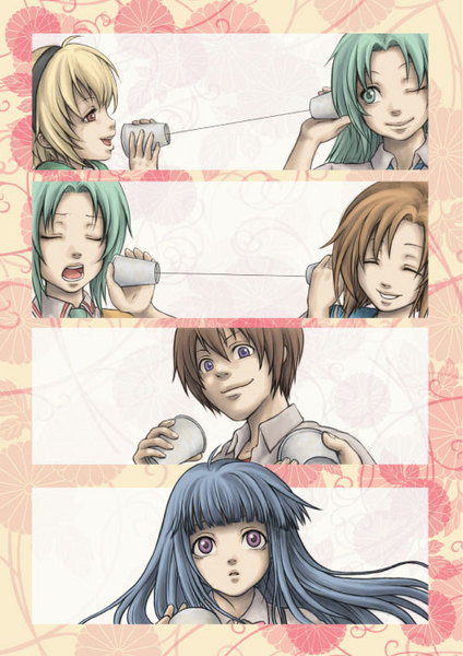 inumaru (dog.), furude rika, houjou satoko, maebara keiichi, ryuuguu rena, sonozaki mion, sonozaki shion, higurashi no naku koro ni, 00s, 1boy, 5girls, blonde hair, blue hair, brown eyes, closed eyes, green eyes, green hair, headband, long hair, multiple girls, purple eyes, short hair, siblings, sisters, smile, string phone, twins