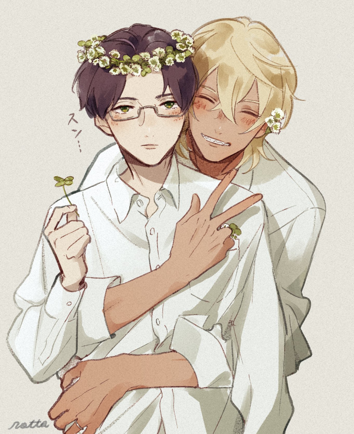 akutsu mabu, niiboshi reo, sarazanmai, commentary request, highres, 2boys, blonde hair, blush, brown hair, buttons, clover, collared shirt, glasses, green eyes, grey background, head wreath, holding, holding clover, hug, hug from behind, long sleeves, male focus, multiple boys, shaaark rotta03, sharp teeth, shirt, signature, tan, teeth, v, yaoi