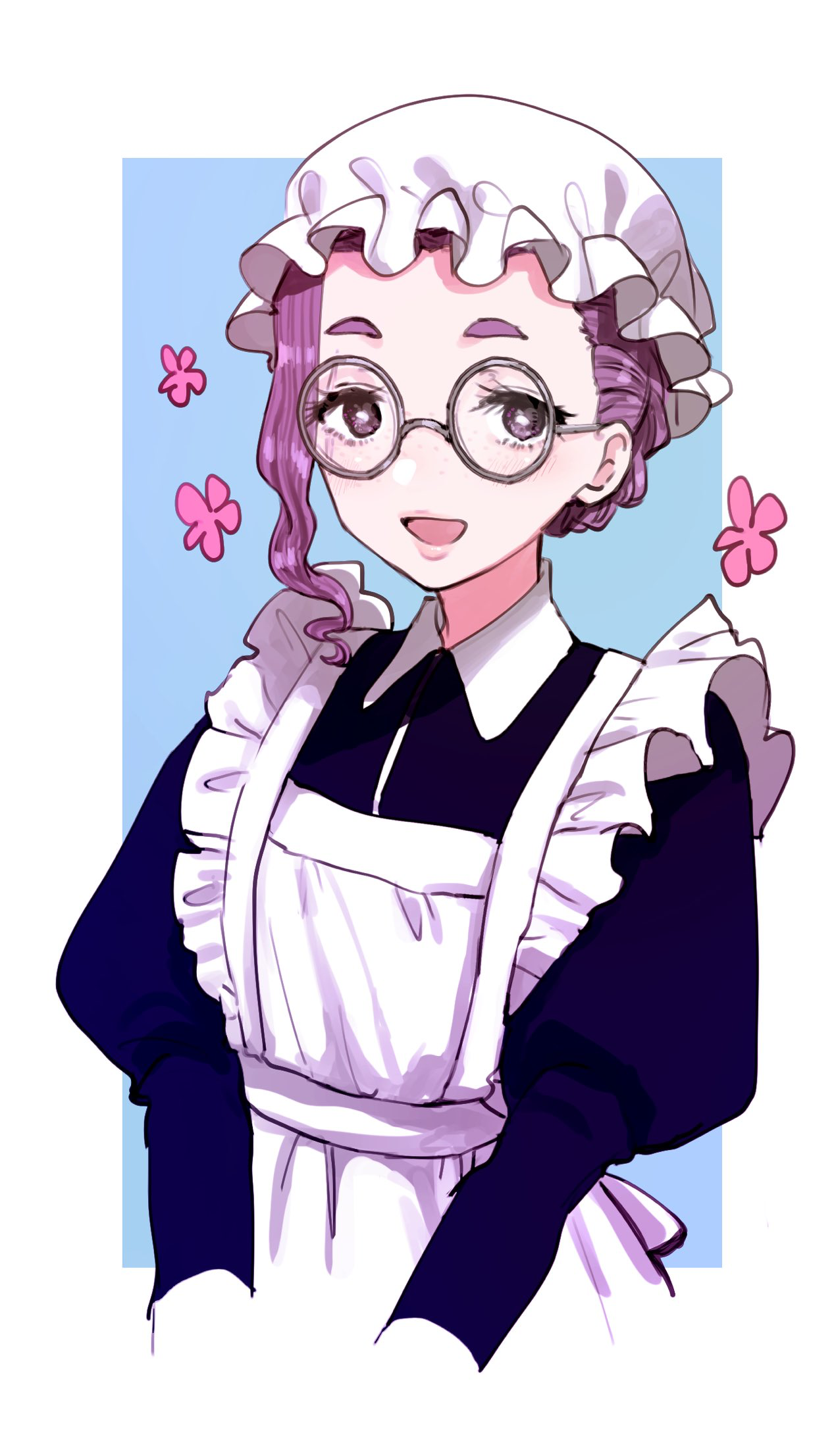 eurasia (wtp09ptw14), original, commentary request, highres, 1girl, apron, black dress, collared dress, dress, glasses, hat, looking at viewer, maid, maid apron, mob cap, open mouth, purple eyes, purple hair, round eyewear, smile, solo, white apron, white hat