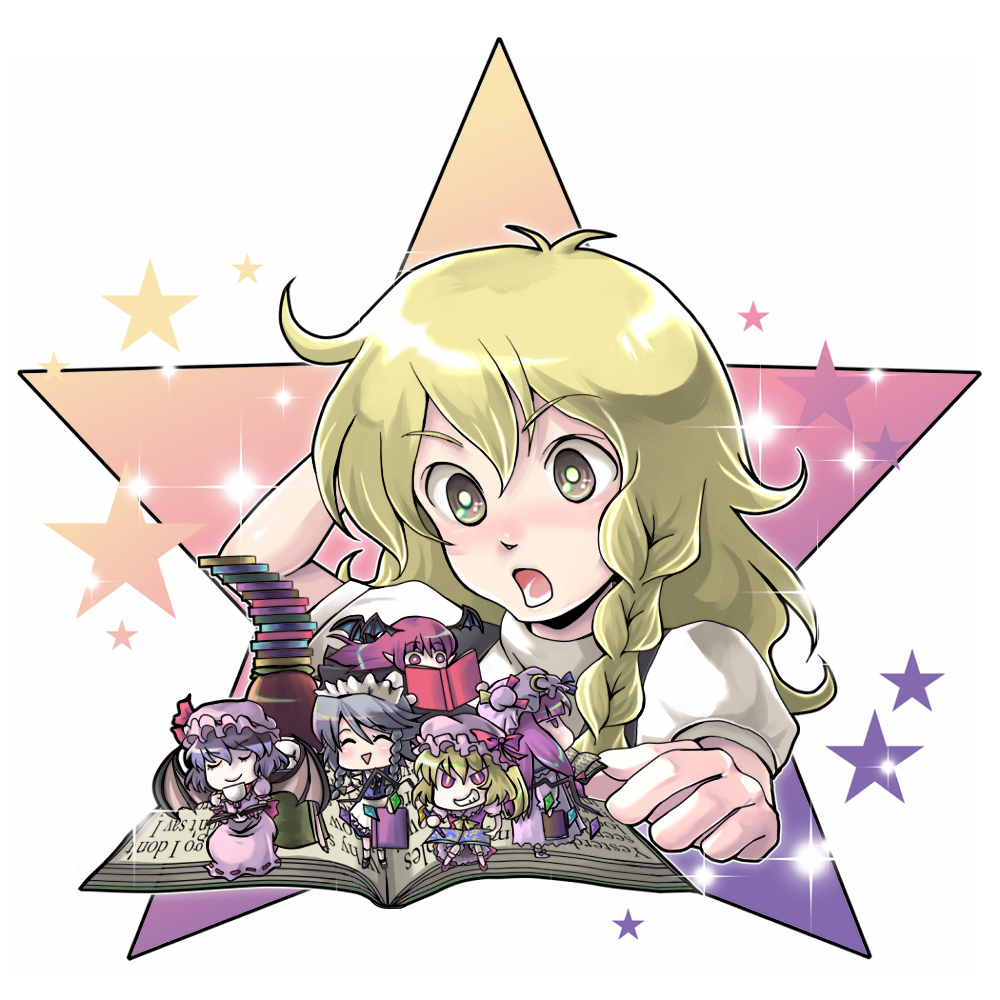 waya, flandre scarlet, hong meiling, izayoi sakuya, kirisame marisa, koakuma, patchouli knowledge, remilia scarlet, embodiment of scarlet devil, touhou, silver hair, 6+girls, arm behind head, blonde hair, book, book stack, chibi, cup, female focus, grin, hat, long hair, mini person, minigirl, multiple girls, no headwear, open book, purple hair, reading, red eyes, red hair, short hair, smile, teacup, yellow eyes