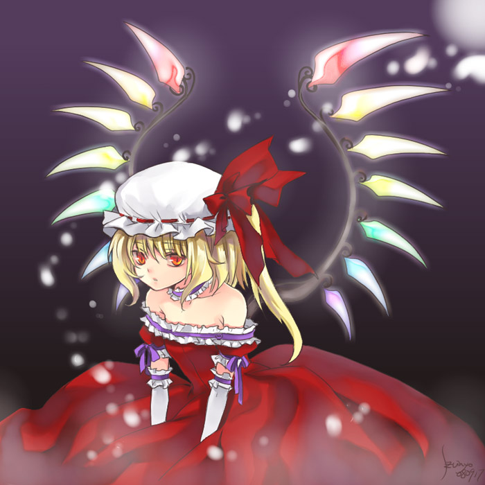 ssz, szuinyo, szuinyo (pixiv), flandre scarlet, touhou, bad id, bad pixiv id, 1girl, blonde hair, female focus, hat, mob cap, ponytail, ribbon, short hair, solo, wings