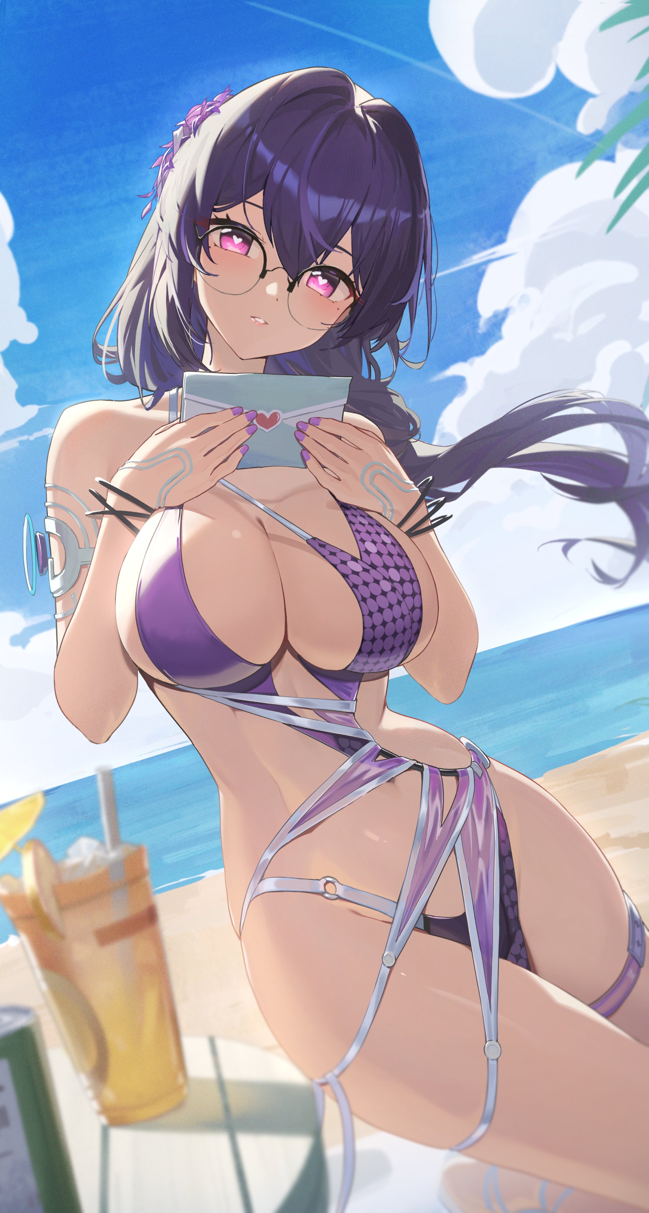 reulem, vidya shannon, snowbreak: containment zone, absurdres, commentary, highres, symbol-only commentary, 1girl, bikini, blue hair, blue sky, blush, breasts, cleavage, cloud, cloudy sky, cup, day, drinking straw, envelope, fingernails, hair intakes, heart, heart-shaped pupils, holding, holding envelope, impossible clothes, impossible swimsuit, large breasts, letter, looking at viewer, love letter, mole, mole under each eye, mole under eye, multiple moles, nail polish, navel, o-ring, o-ring bikini, ocean, purple eyes, purple hair, purple nails, purple streaks, simple background, sky, solo, swimsuit, symbol-shaped pupils, tropical drink, white background