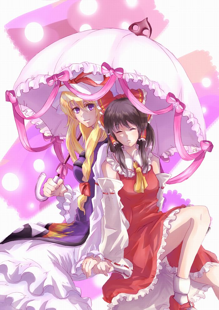 fuji warabi, hakurei reimu, yakumo yukari, touhou, bad id, bad pixiv id, 2girls, blonde hair, female focus, hat, holding, holding umbrella, japanese clothes, long hair, miko, multiple girls, parasol, ribbon, umbrella
