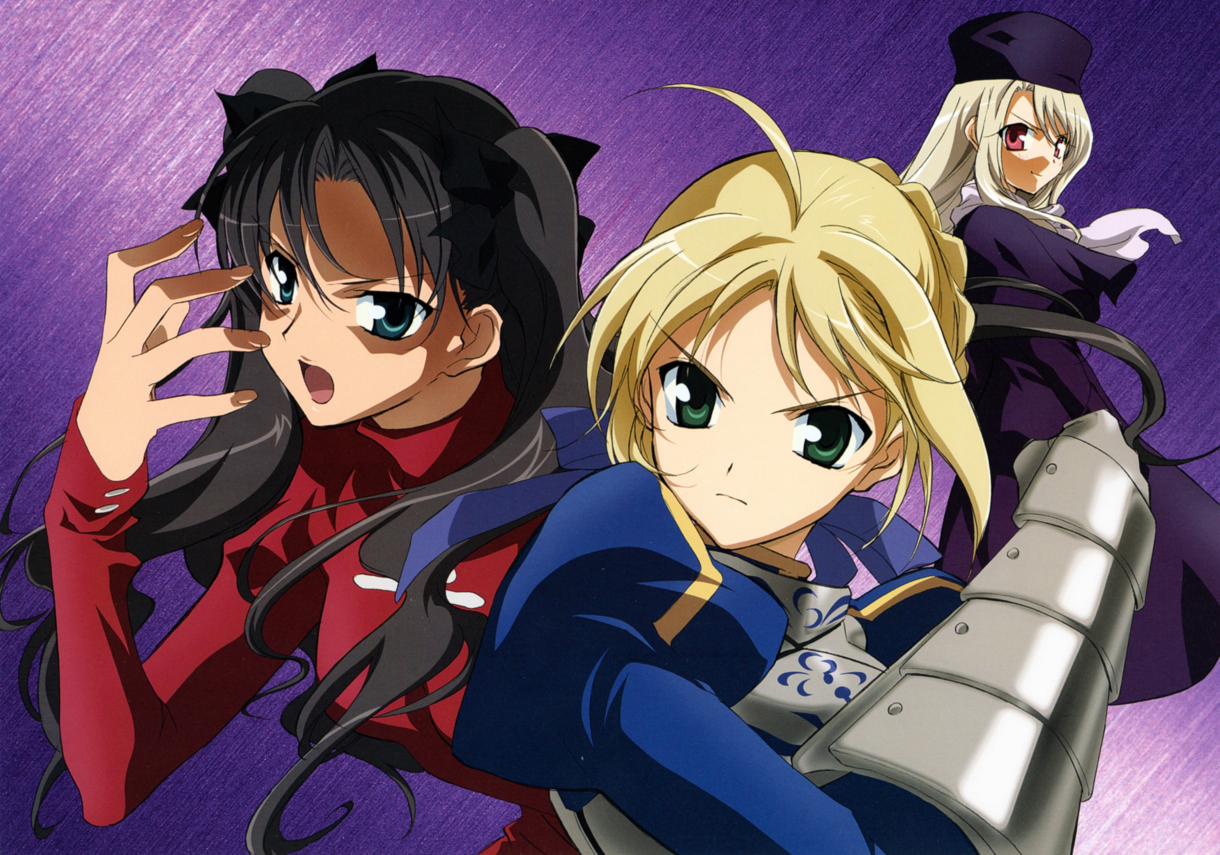 artoria pendragon (fate), illyasviel von einzbern, saber (fate), tohsaka rin, fate/stay night, fate (series), highres, scan, 00s, 3girls, armor, blonde hair, green eyes, hat, multiple girls, purple hat