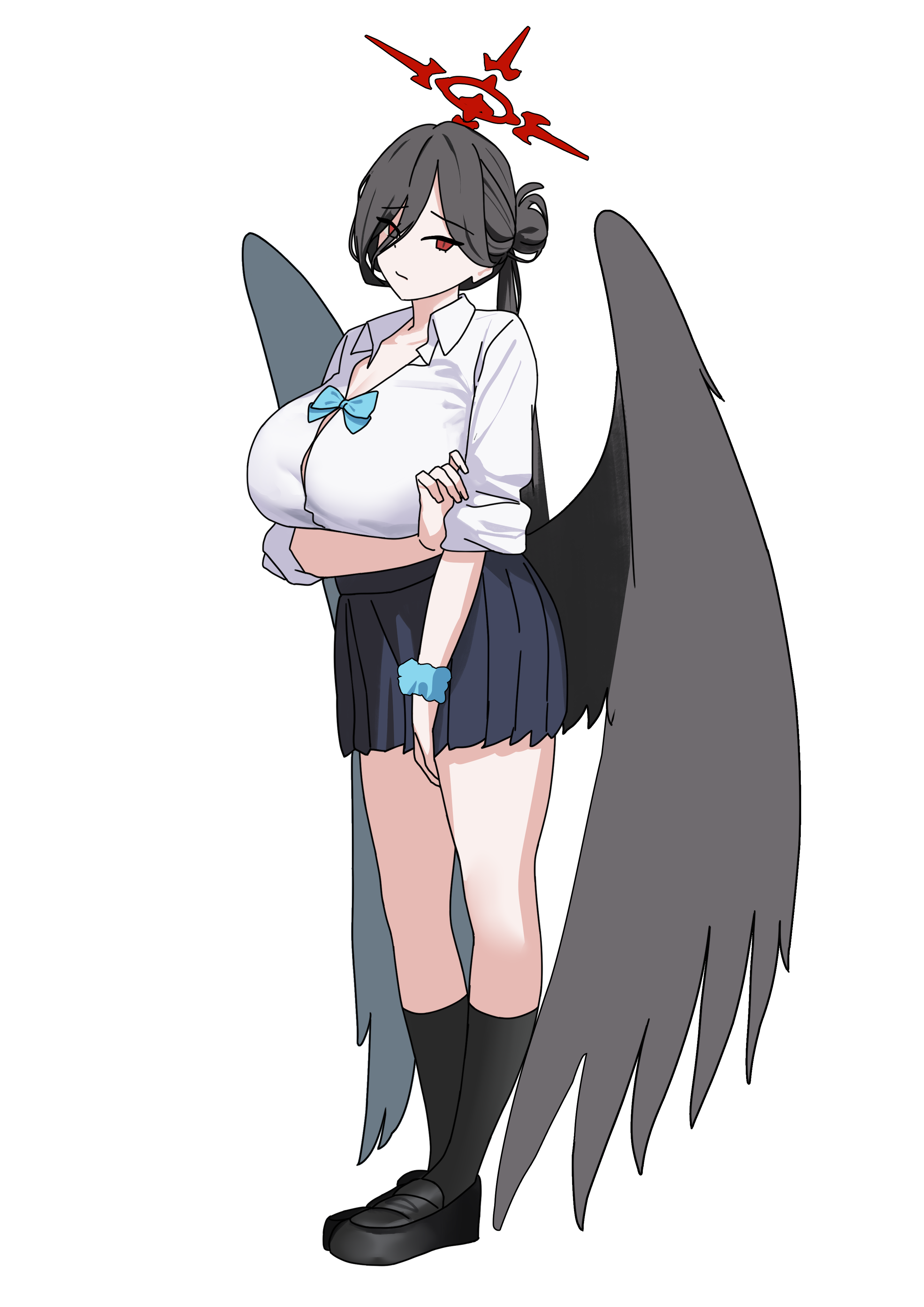 tnr (horiko1525), asuna (blue archive), asuna (school uniform) (blue archive), hasumi (blue archive), blue archive, absurdres, highres, 1girl, asuna (blue archive) (cosplay), black hair, black shoes, black socks, black wings, blue bow, blue bowtie, blue skirt, bow, bowtie, breasts, button gap, cleavage, collarbone, cosplay, full body, hair between eyes, hair bun, halo, huge breasts, long hair, long hair between eyes, looking at viewer, low wings, pleated skirt, red eyes, red halo, scrunchie, shirt, shoes, side ponytail, single side bun, skirt, socks, solo, thighs, very long hair, white background, white shirt, wings, wrist scrunchie