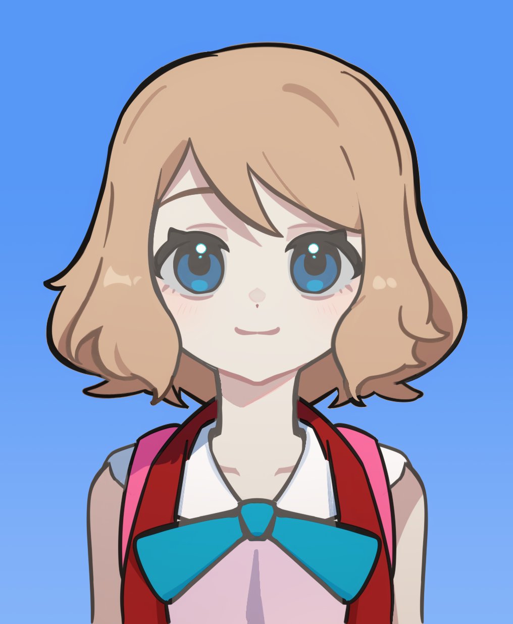 podayo po, serena (pokemon), nintendo, pokemon, pokemon (anime), pokemon xy (anime), commentary request, highres, 1girl, blue background, blue eyes, brown hair, closed mouth, collarbone, dress, looking at viewer, neck ribbon, open clothes, open vest, pink dress, red vest, ribbon, simple background, smile, solo, upper body, vest