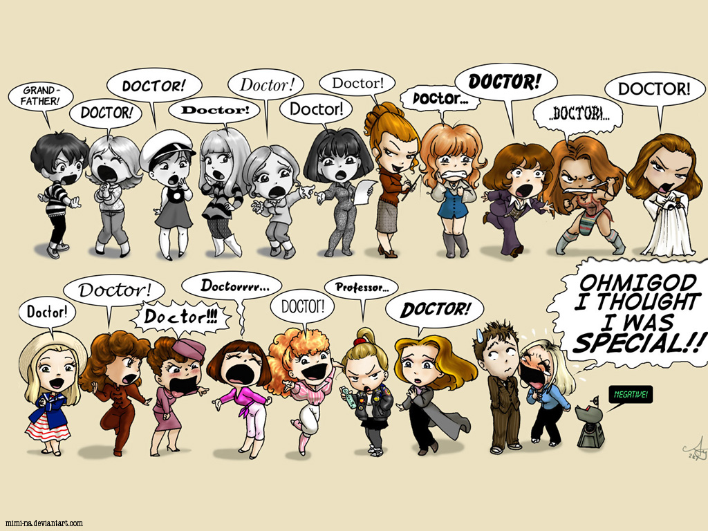 mimi-na, ace (doctor who), dorothea chaplet, elizabeth shaw, grace holloway, josephine grant, k-9, leela (doctor who), melanie bush, nyssa (doctor who), peri brown, polly (doctor who), romana (doctor who), rose tyler, sarah jane, susan foreman, tegan jovanka, the doctor, vicki (doctor who), victoria waterfield, zoe heriot, doctor who, chibi, english text, everyone