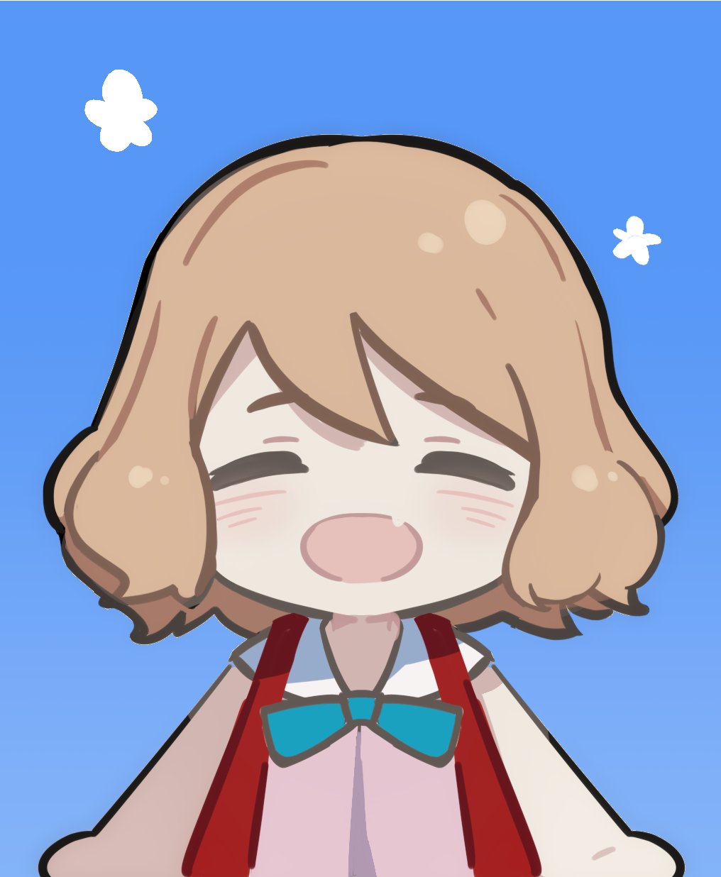 podayo po, serena (pokemon), nintendo, pokemon, pokemon (anime), pokemon xy (anime), commentary request, highres, 1girl, blue background, blush, brown hair, chibi, chibi only, closed eyes, dress, facing viewer, fang, neck ribbon, open clothes, open mouth, open vest, pink dress, red vest, ribbon, simple background, solo, upper body, vest