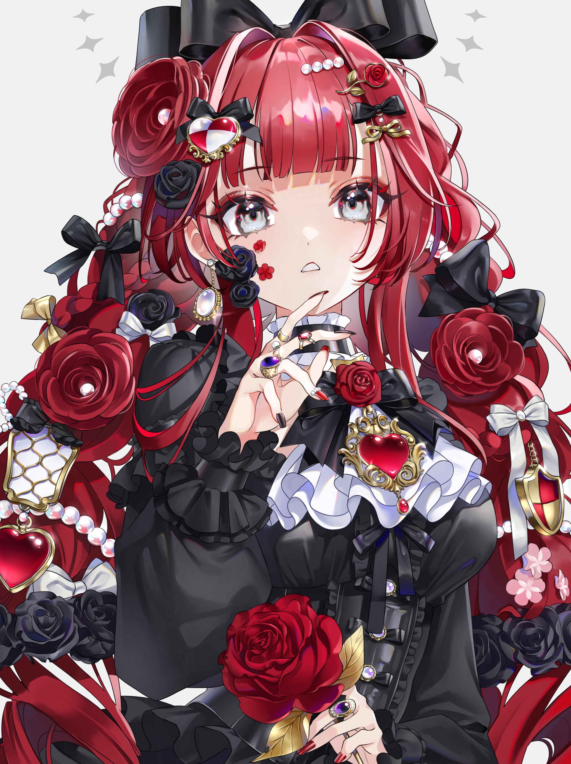 saika usagi, original, absurdres, commentary, english commentary, highres, making-of available, 1girl, ascot, black bow, black bowtie, black dress, black flower, black nails, black rose, blunt bangs, blush, bow, bow flower, bowtie, breasts, brooch, curly hair, dress, earrings, expressionless, facial tattoo, flower, flower tattoo, frilled dress, frilled sleeves, frills, gem, grey eyes, hair bow, hair flower, hair intakes, hair ornament, halo, heart, heart brooch, holding, holding flower, jewelry, long sleeves, looking at viewer, medium breasts, multiple hair bows, multiple hair clips, parted lips, purple gemstone, red flower, red gemstone, red hair, red nails, red rose, ring, rose, simple background, solo, star halo, tattoo, too many, too many flowers, too many hair ornaments, twintails, upper body, white ascot, white background