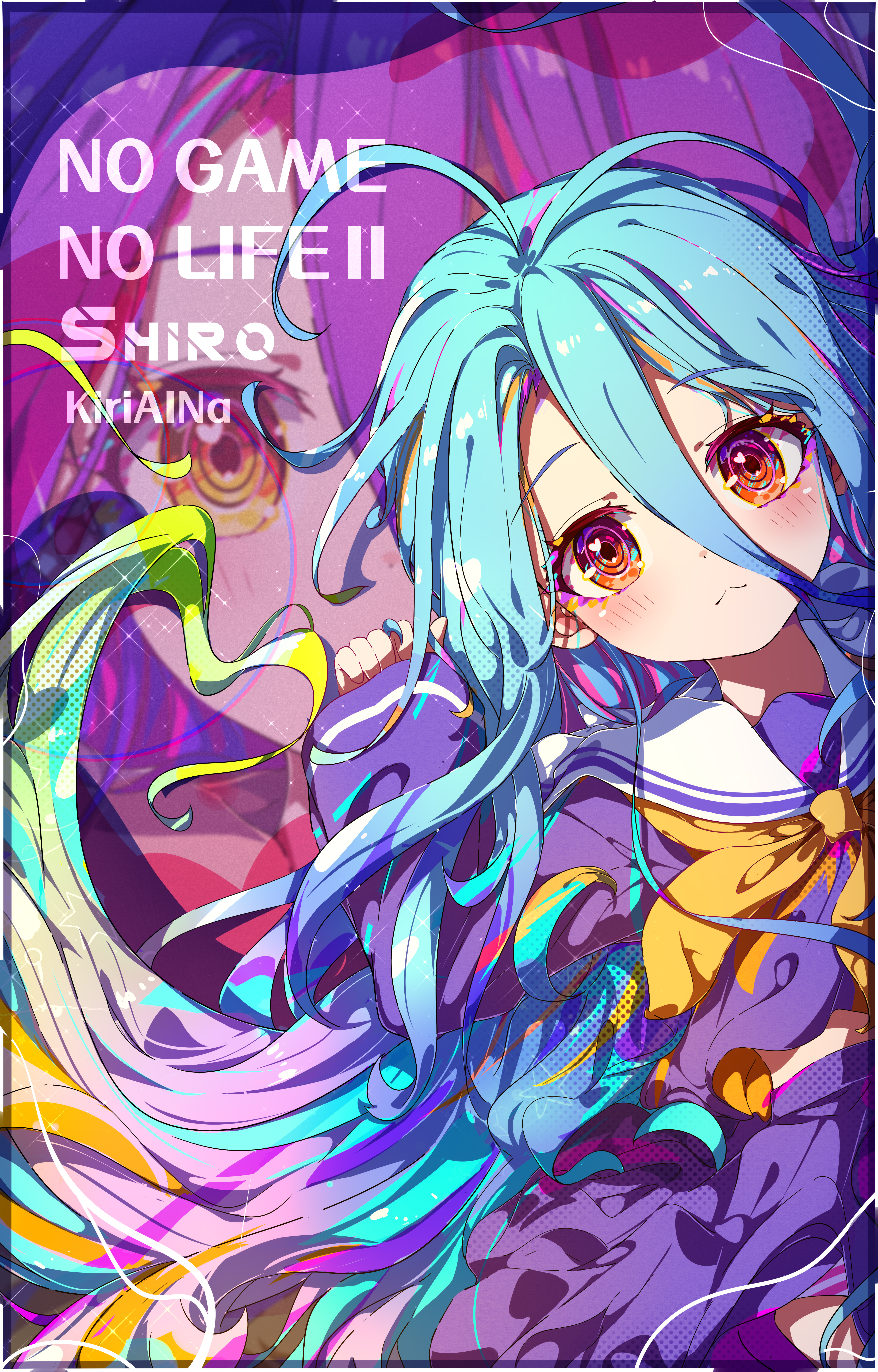 kiriaina, shiro (no game no life), no game no life, absurdres, commentary, highres, 1girl, artist name, blue hair, blush, character name, closed mouth, copyright name, hair between eyes, hand up, long hair, long sleeves, looking at viewer, neckerchief, pleated skirt, purple serafuku, purple shirt, purple skirt, red eyes, sailor collar, school uniform, serafuku, shirt, skirt, solo, upper body, white sailor collar, yellow neckerchief