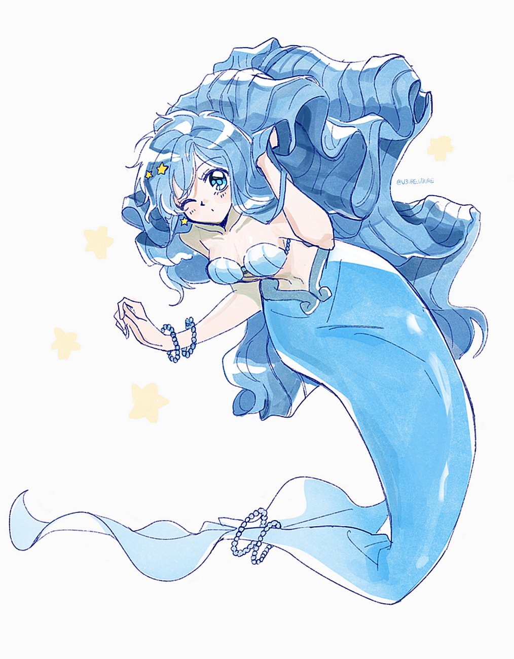 mxhxkxcx, houshou hanon, houshou hanon (mermaid), mermaid melody pichi pichi pitch, commentary, highres, 1girl, bead bracelet, beads, bikini, blush, bracelet, collarbone, full body, hair ornament, jewelry, long hair, mermaid, monster girl, navel, one eye closed, shell, shell bikini, star (symbol), star hair ornament, swimsuit, very long hair, wavy hair