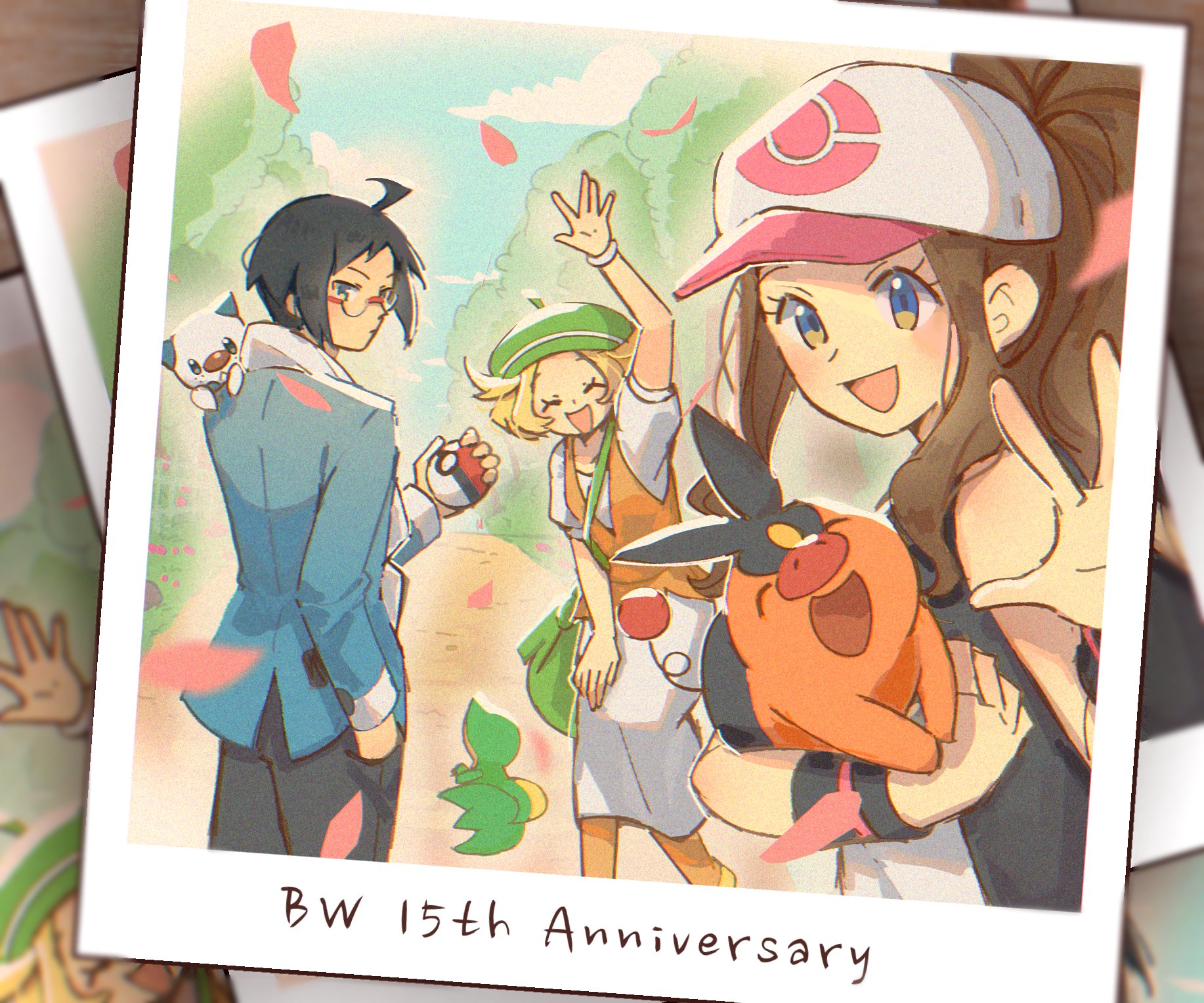 miiyokoe, bianca (pokemon), cheren (pokemon), hilda (pokemon), oshawott, snivy, tepig, nintendo, pokemon, pokemon bw, commentary, english commentary, highres, 1boy, 2girls, :d, ahoge, anniversary, arm up, black hair, brown hair, closed mouth, cloud, day, dress, falling petals, gen 5 pokemon, glasses, green hat, hand in pocket, hat, holding, holding poke ball, holding pokemon, jacket, long hair, multiple girls, on shoulder, open mouth, orange pantyhose, orange vest, outdoors, pants, pantyhose, petals, poke ball, poke ball (basic), pokemon (creature), pokemon on shoulder, polaroid photo, sidelocks, sky, smile, starter pokemon trio, vest, white dress, white hat, wristband