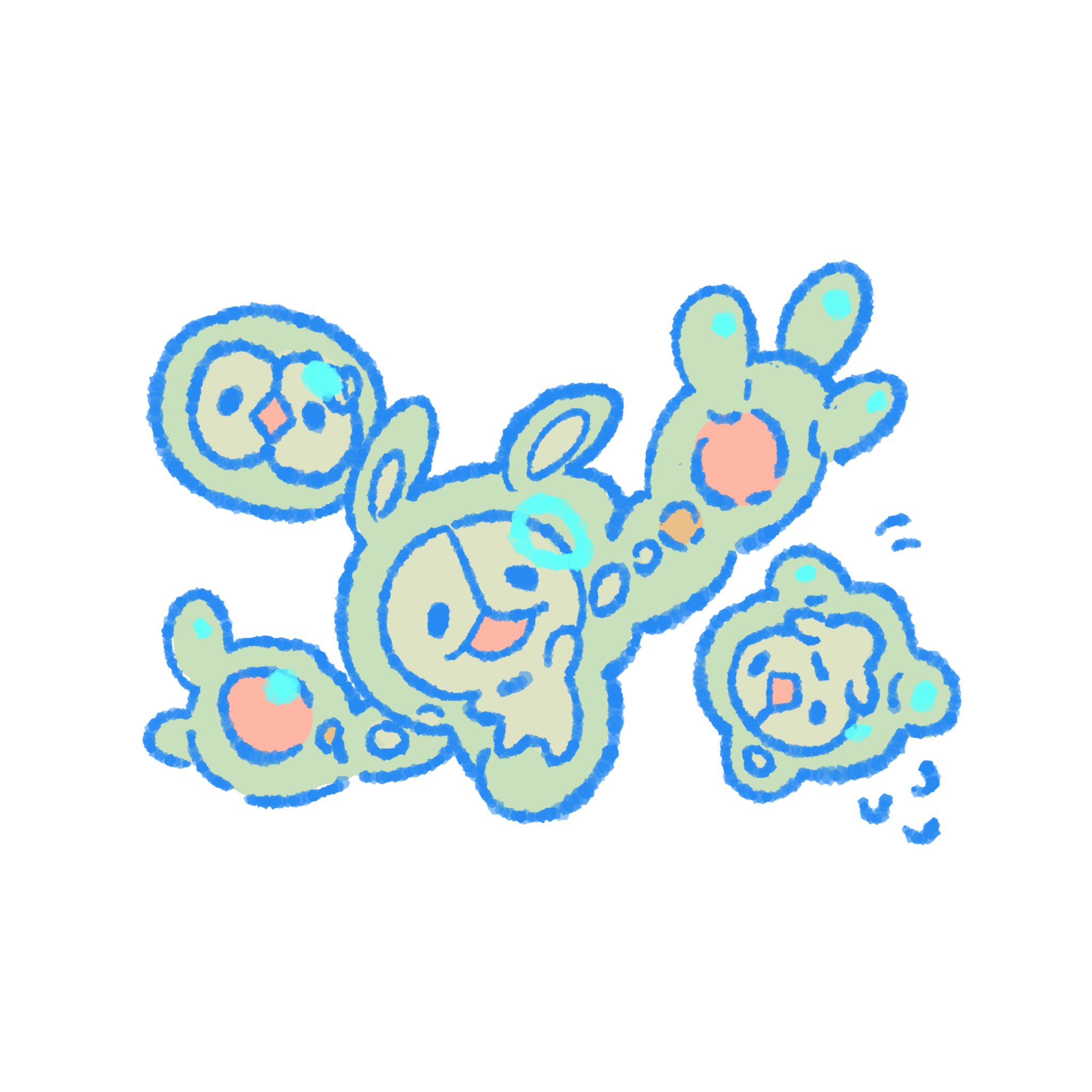uou sleep, duosion, reuniclus, solosis, nintendo, pokemon, commentary, highres, symbol-only commentary, :d, evolutionary line, flying sweatdrops, gen 5 pokemon, motion lines, no humans, open mouth, pokemon (creature), pokemon focus, simple background, smile, white background