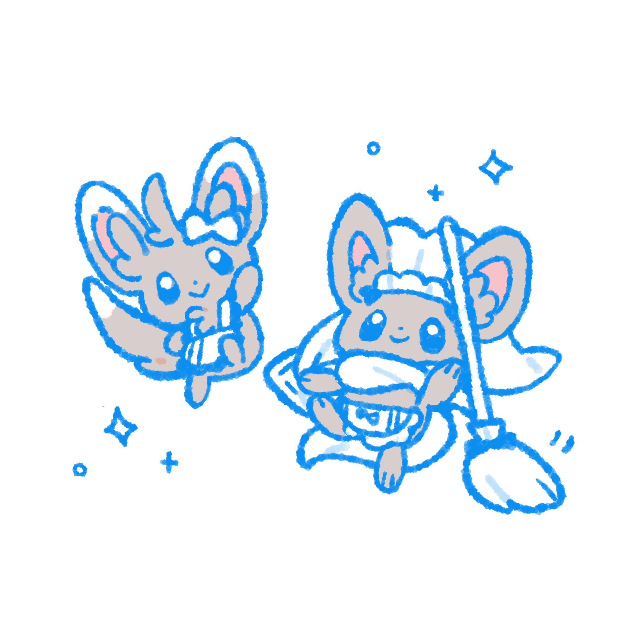 uou sleep, cinccino, minccino, nintendo, pokemon, commentary, highres, symbol-only commentary, :>, alternate costume, apron, arm up, closed mouth, clothed pokemon, enmaided, evolutionary line, gen 5 pokemon, happy, headdress, holding, holding mop, maid, mop, no humans, pokemon (creature), pokemon focus, simple background, smile, sparkle, white apron, white background